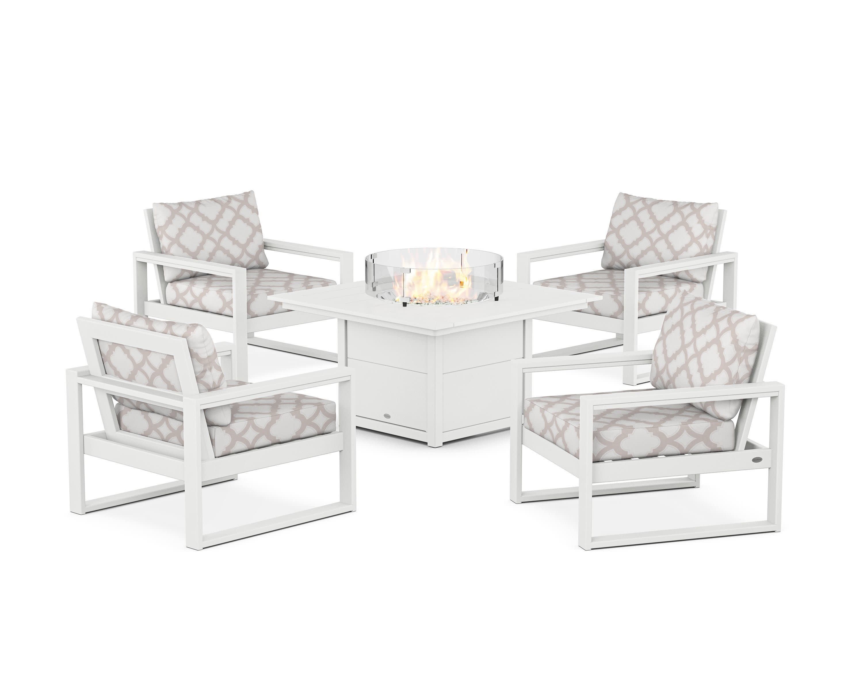 EDGE Sectional 5-Piece Deep Seating Set with Fire Pit Table in White / Trellis Dune Burlap