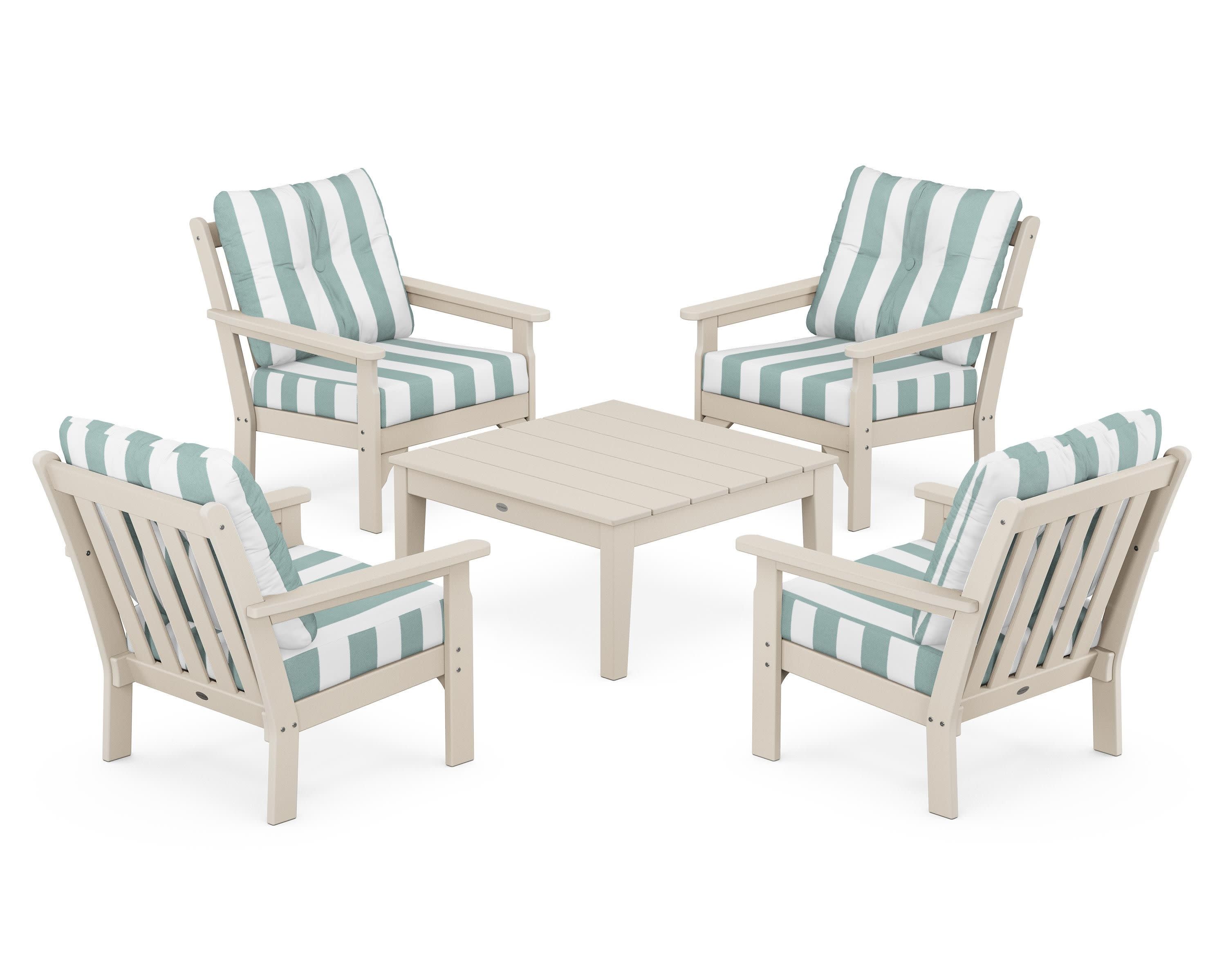 Vineyard 5-Piece Deep Seating Conversation Set in Sand / Cabana Stripe Glacier Spa
