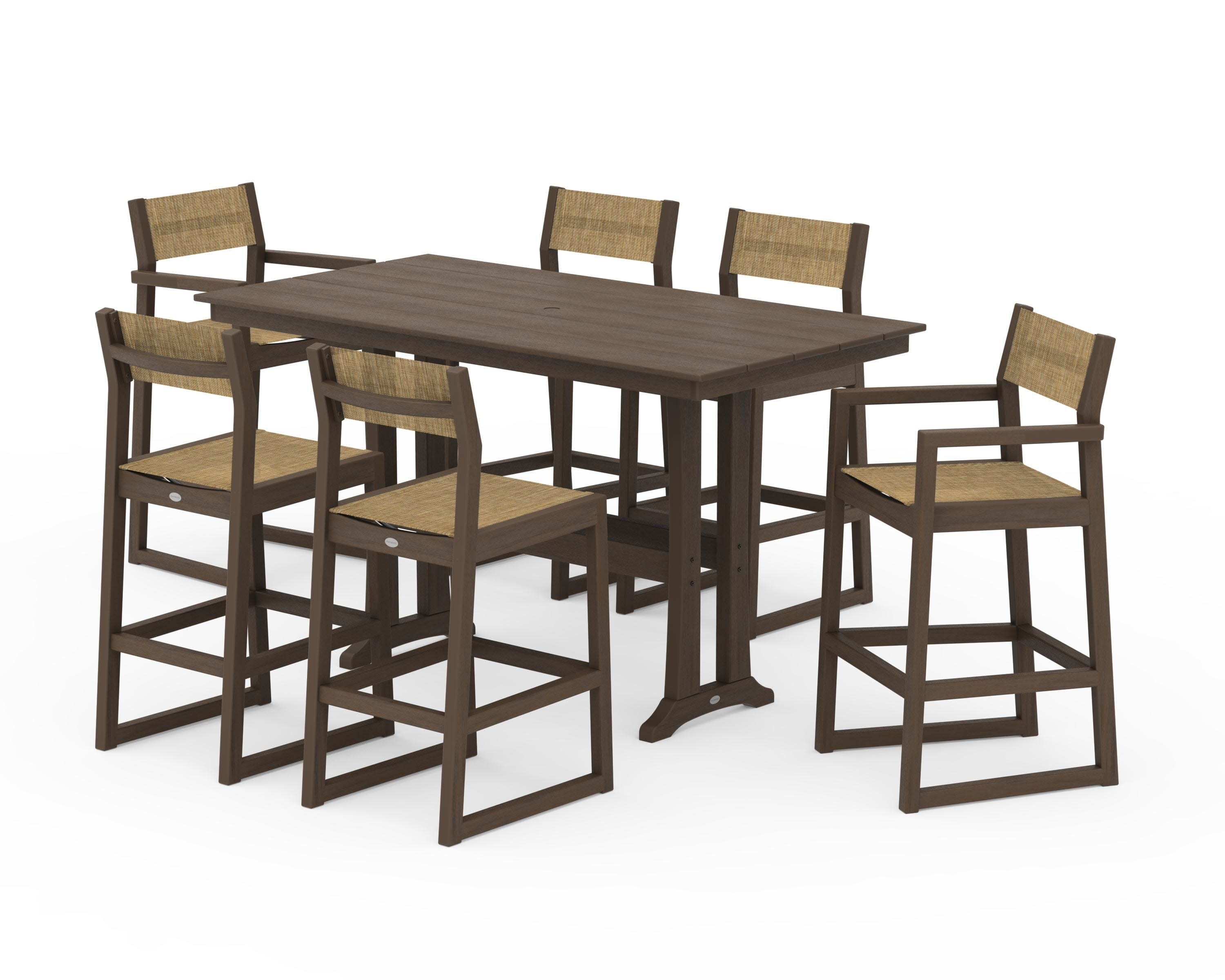 EDGE Sling 7-Piece Farmhouse Bar Set with Trestle Legs in Kona / Burlap Sling