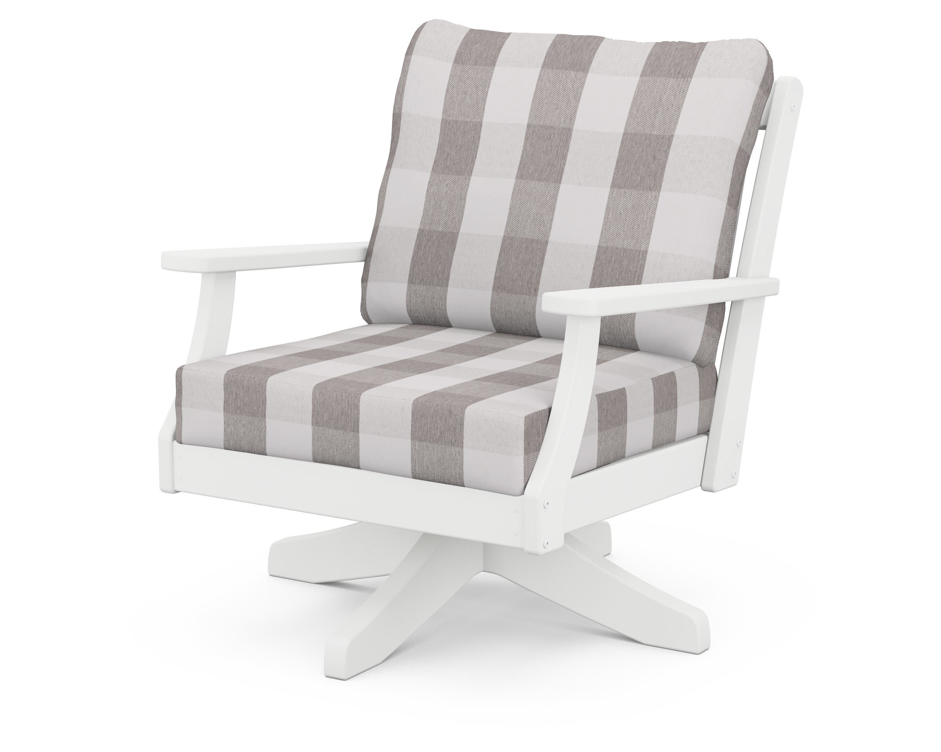 Braxton Deep Seating Swivel Chair in White / Buffalo Plaid Grey Mist