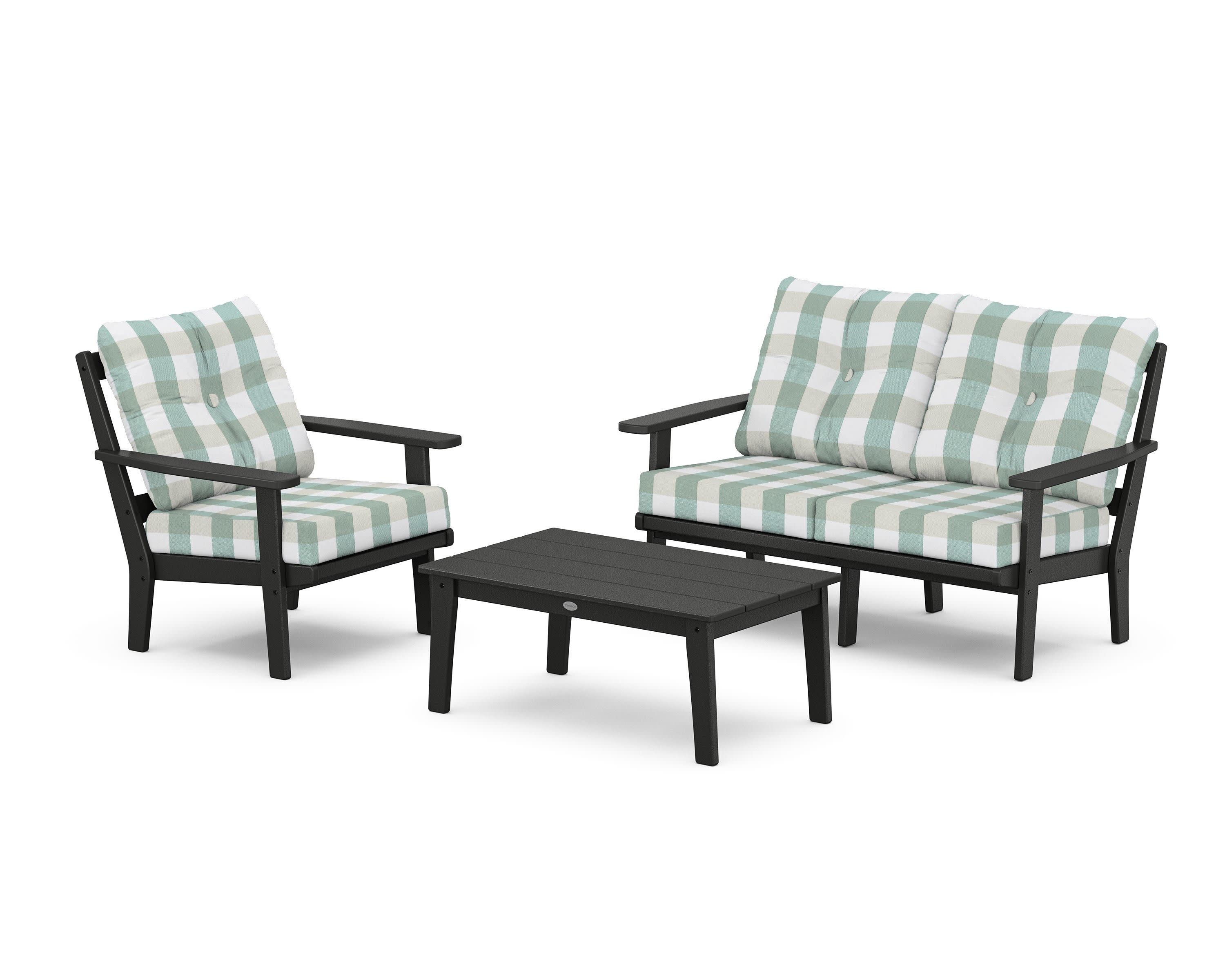 Oxford 3-Piece Deep Seating Set with Loveseat in Black / Buffalo Plaid Glacier Spa