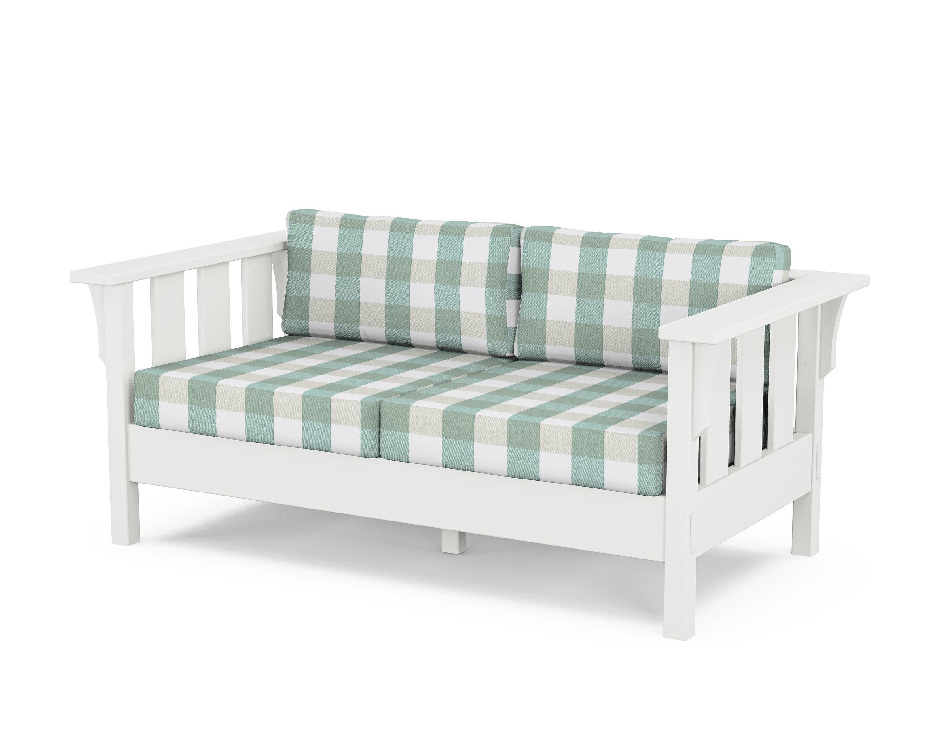 Acadia Deep Seating Loveseat in White / Buffalo Plaid Glacier Spa