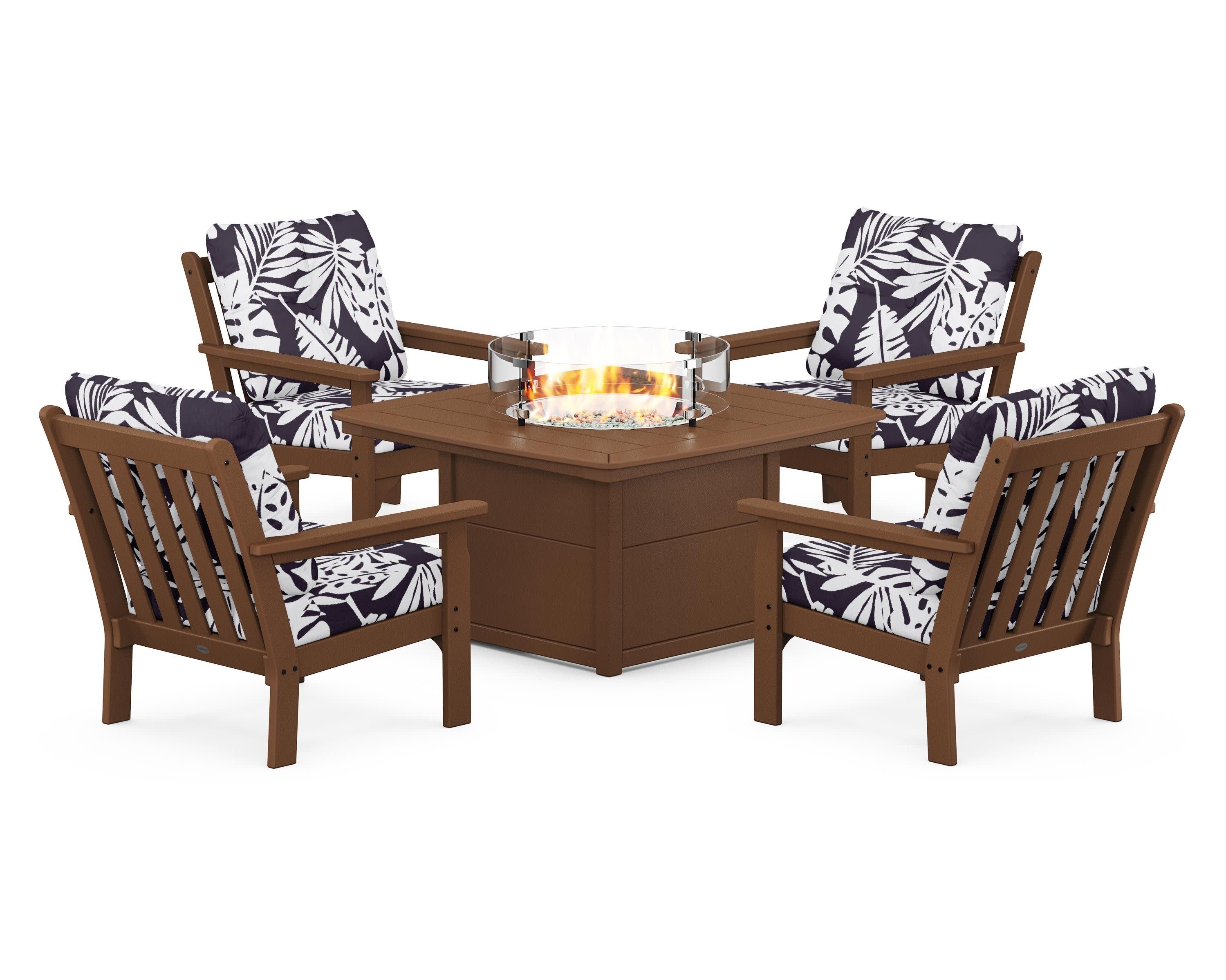 Vineyard 5-Piece Conversation Set with Fire Pit Table in Teak / Leaf Navy