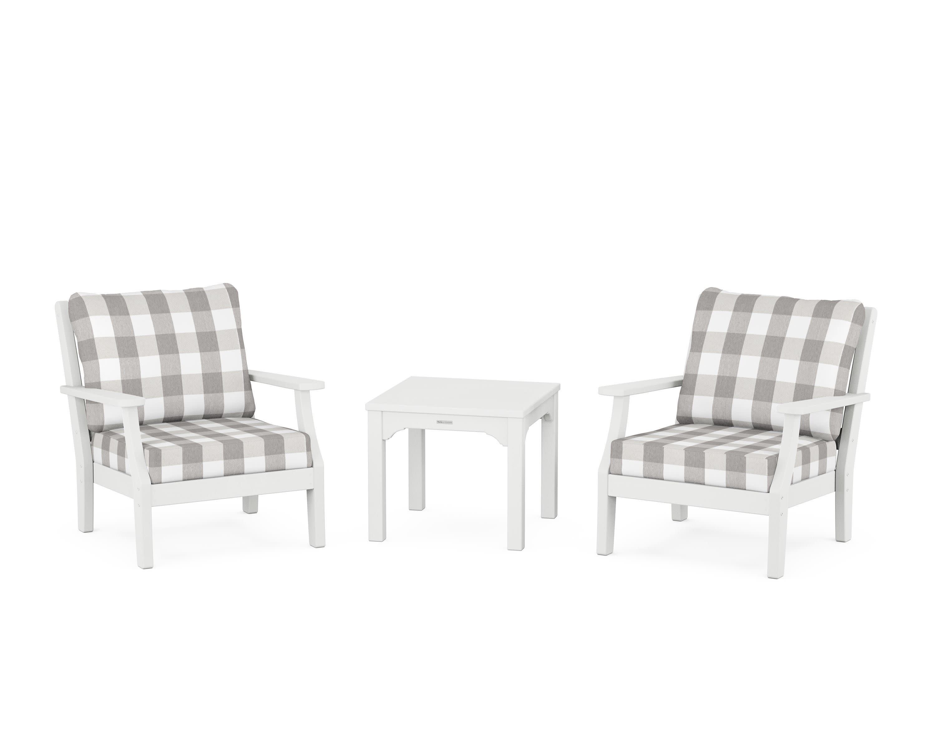 Chinoiserie 3-Piece Deep Seating Set in White / Buffalo Plaid Grey Mist
