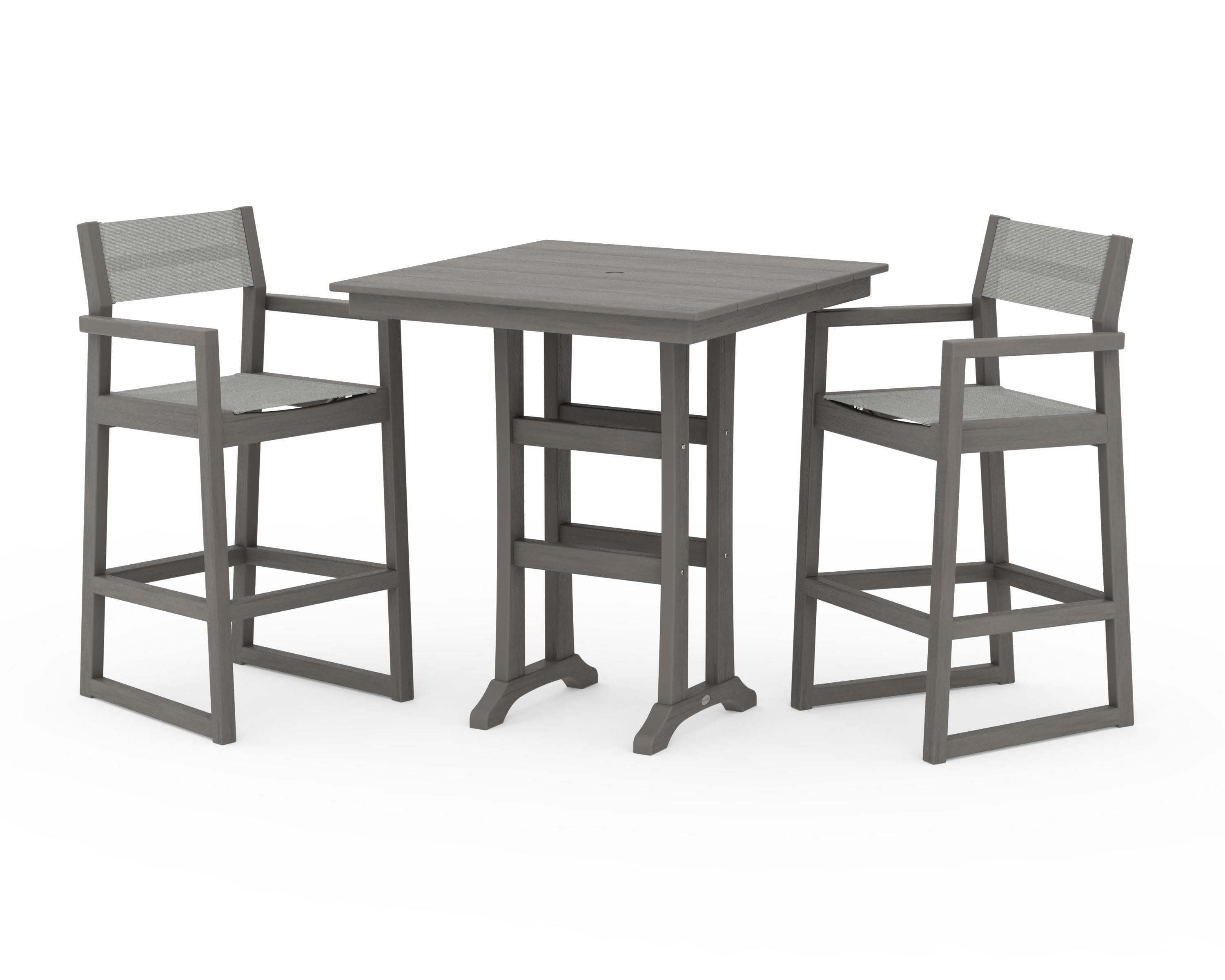 EDGE Sling Arm Chair 3-Piece Farmhouse Bar Set with Trestle Legs in Driftwood / Metallic Sling