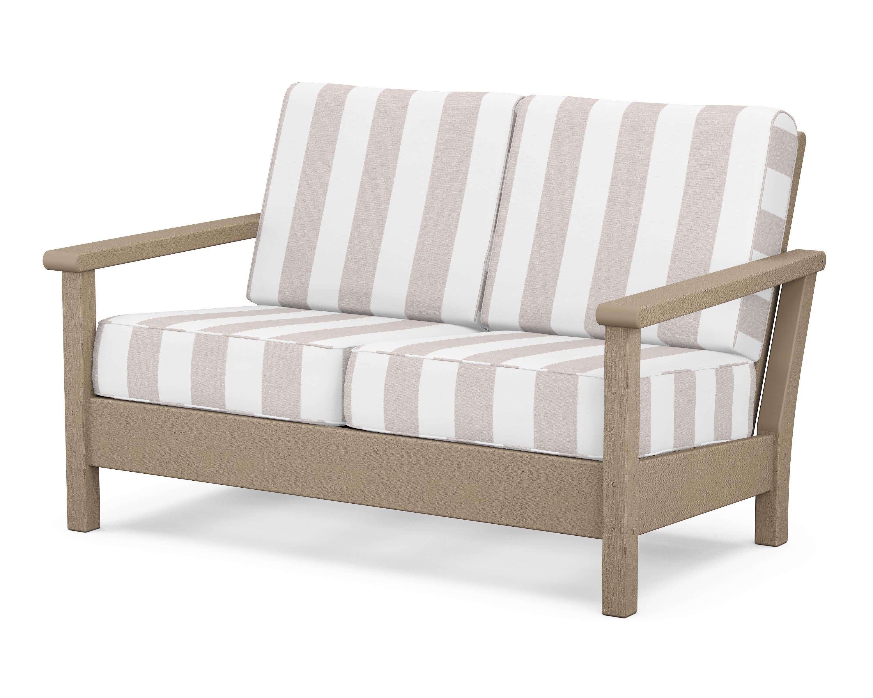 Harbour Deep Seating Loveseat in Vintage Sahara / Cabana Stripe Dune Burlap