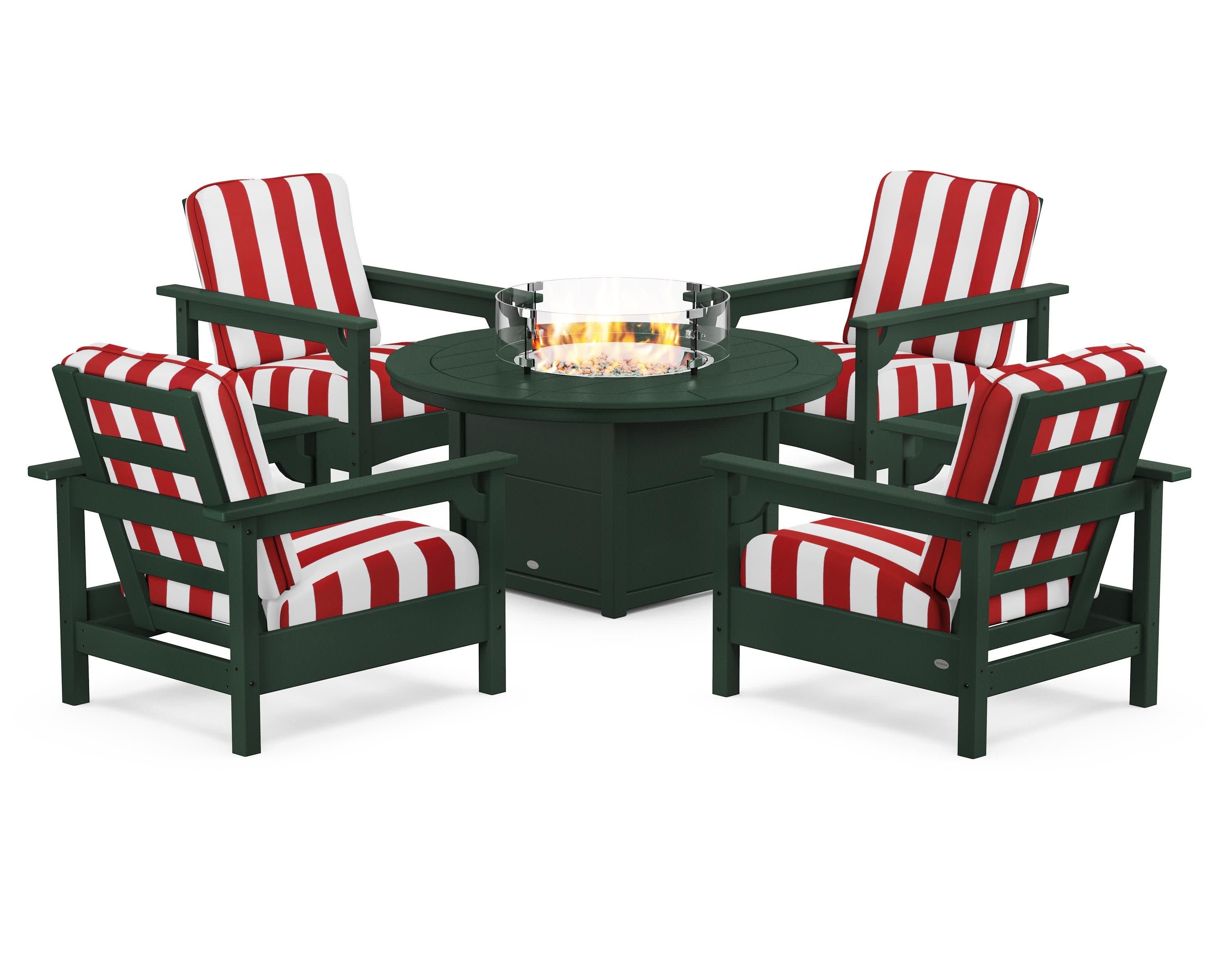 Club 5-Piece Conversation Set with Fire Pit Table in Green / Cabana Stripe Crimson