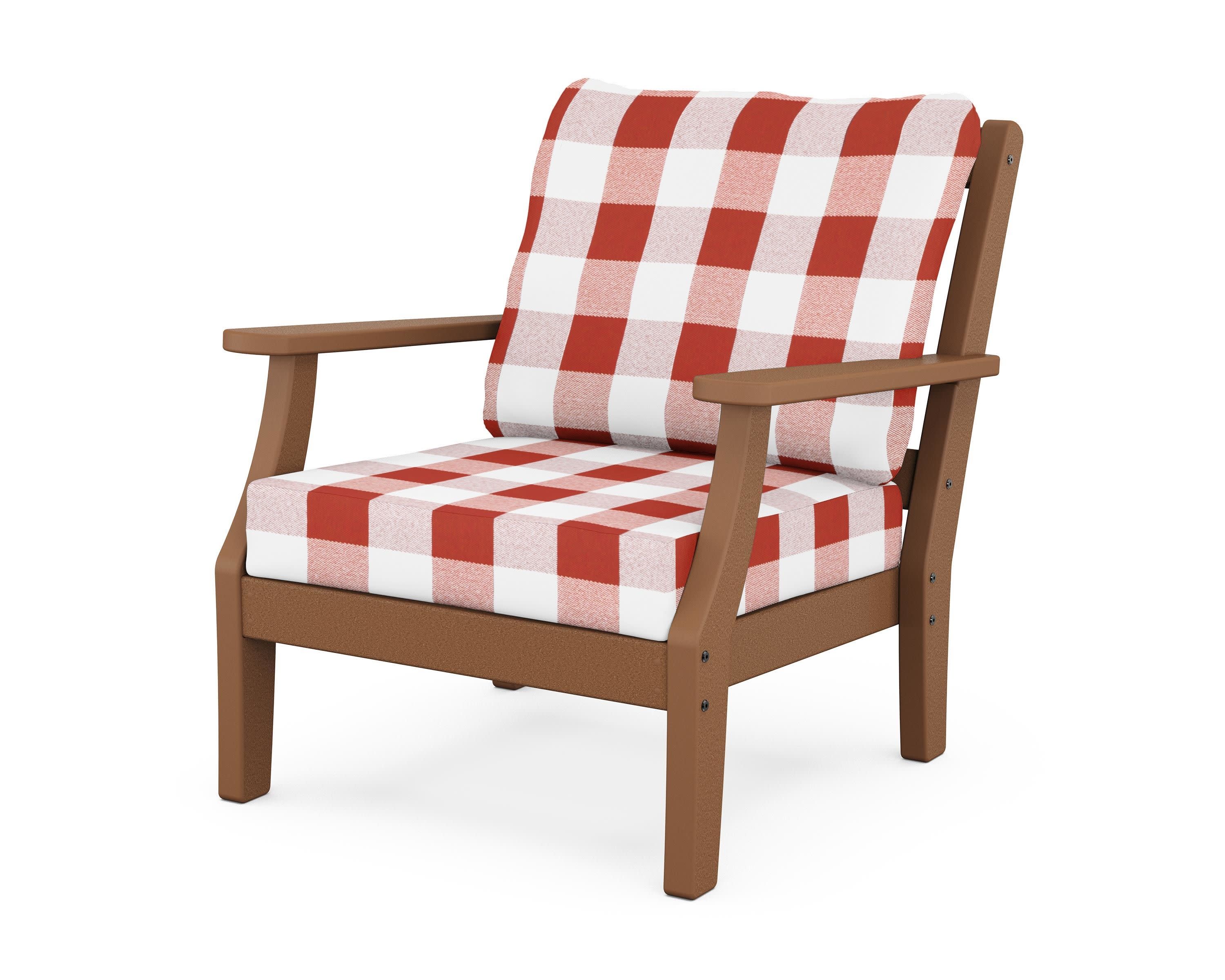Chinoiserie Deep Seating Chair in Teak / Buffalo Plaid Crimson