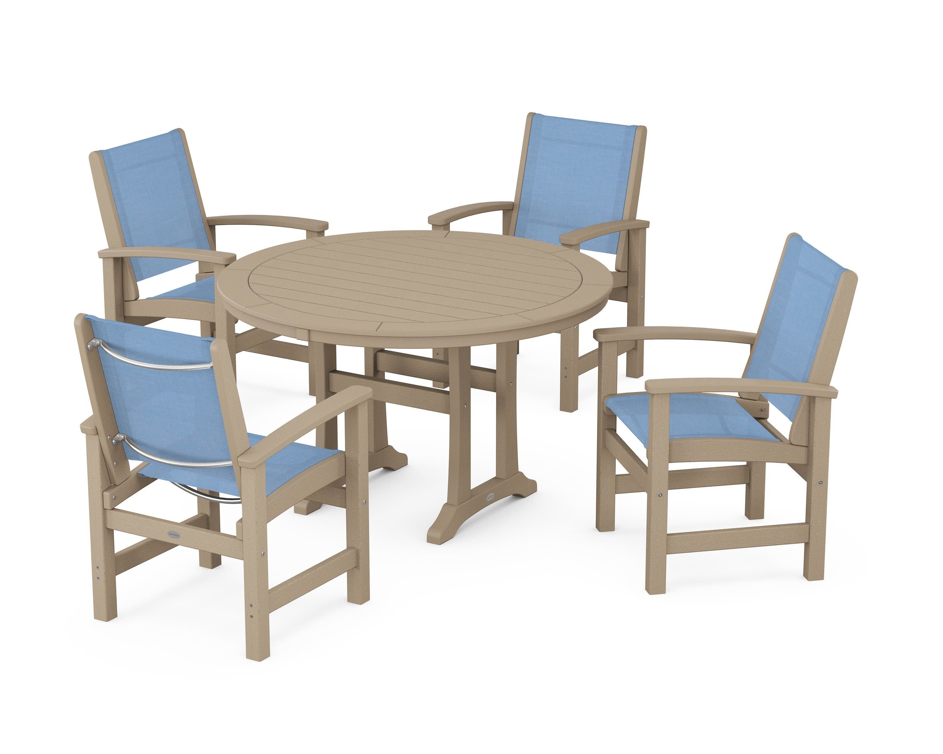 Coastal 5-Piece Round Dining Set with Trestle Legs in Vintage Sahara / Poolside Sling