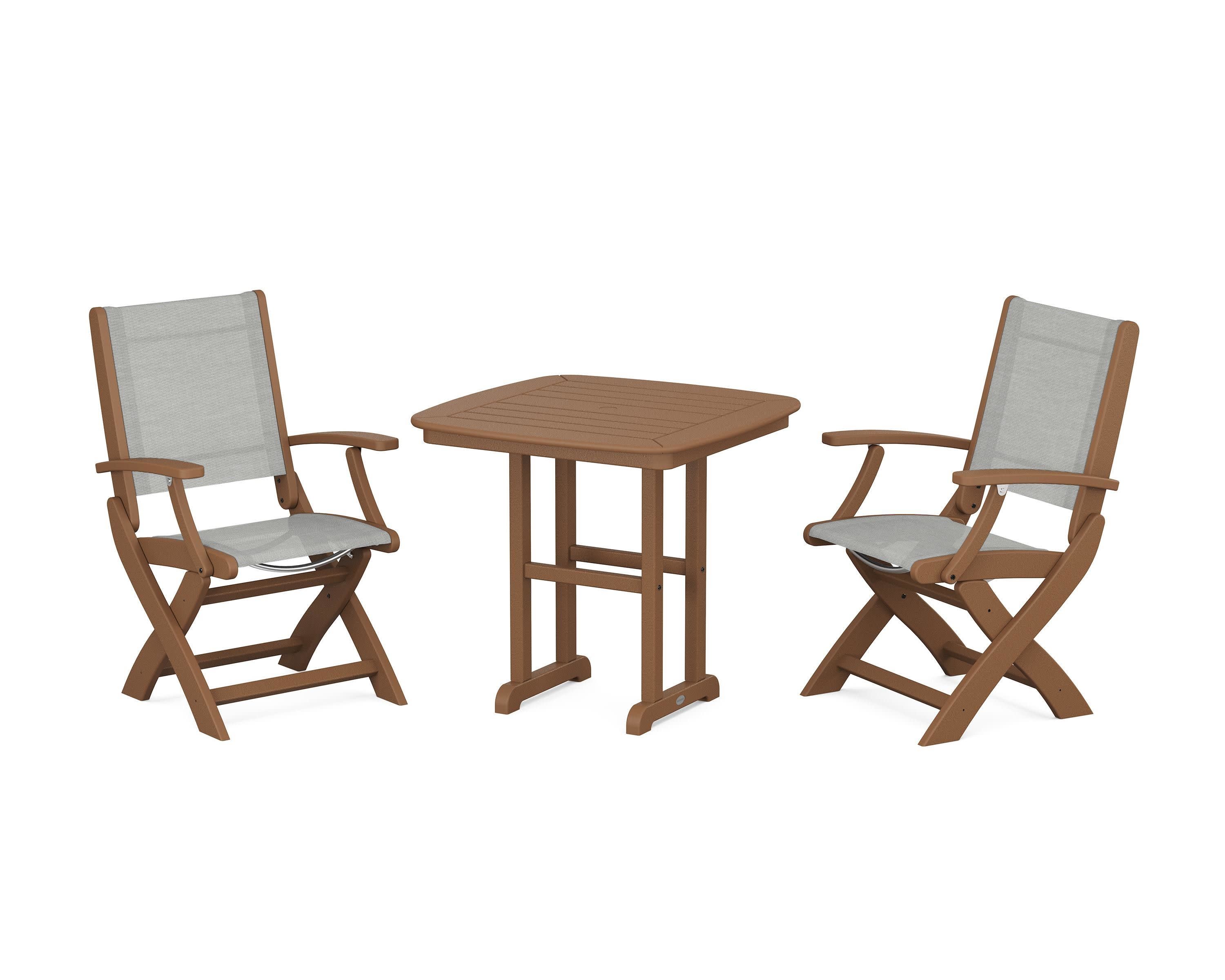 Coastal Folding Chair 3-Piece Dining Set in Teak / Metallic Sling