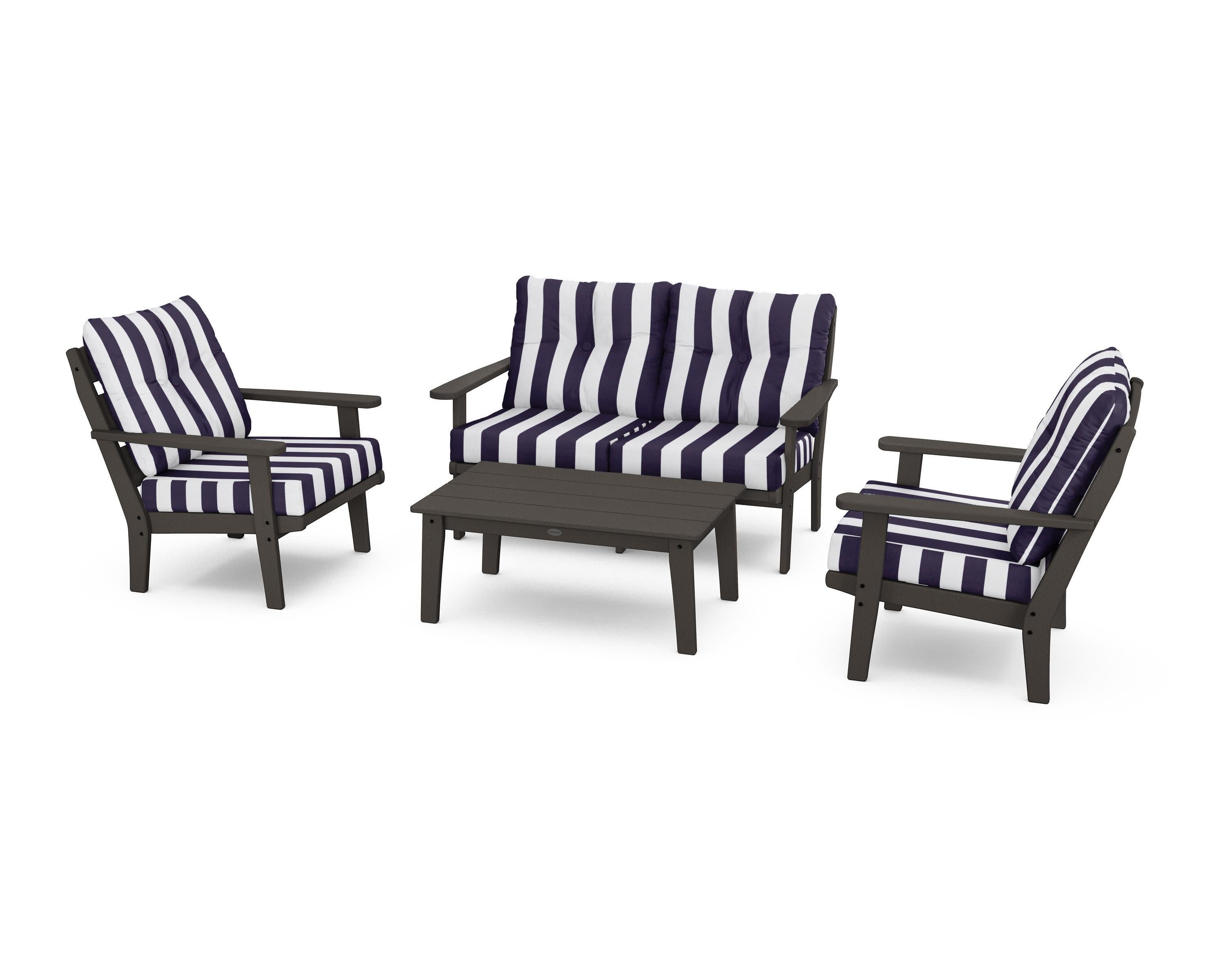 Lakeside 4-Piece Deep Seating Set in Vintage Coffee / Cabana Stripe Navy