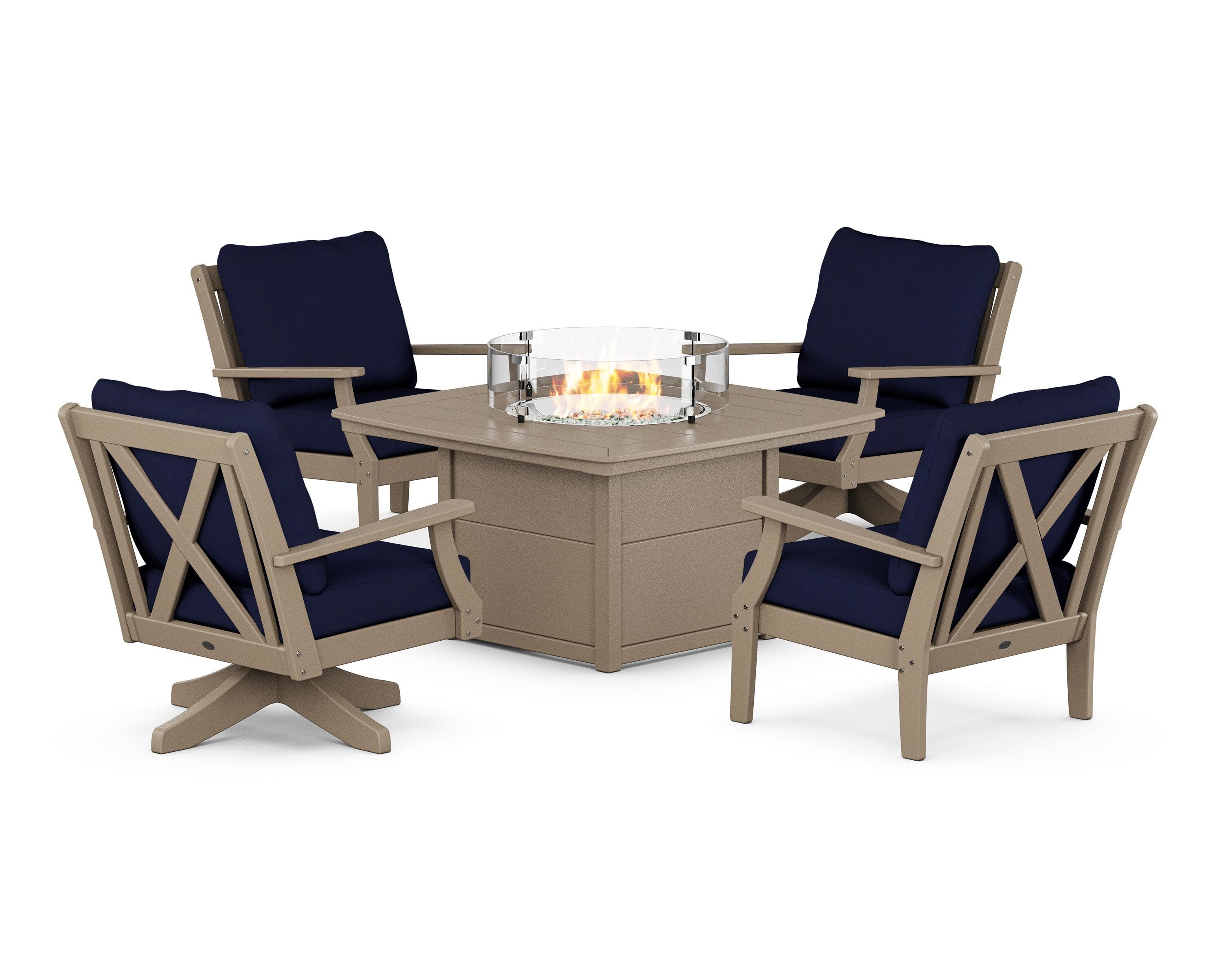 Braxton 5-Piece Deep Seating Set with Fire Table in Sand / Navy