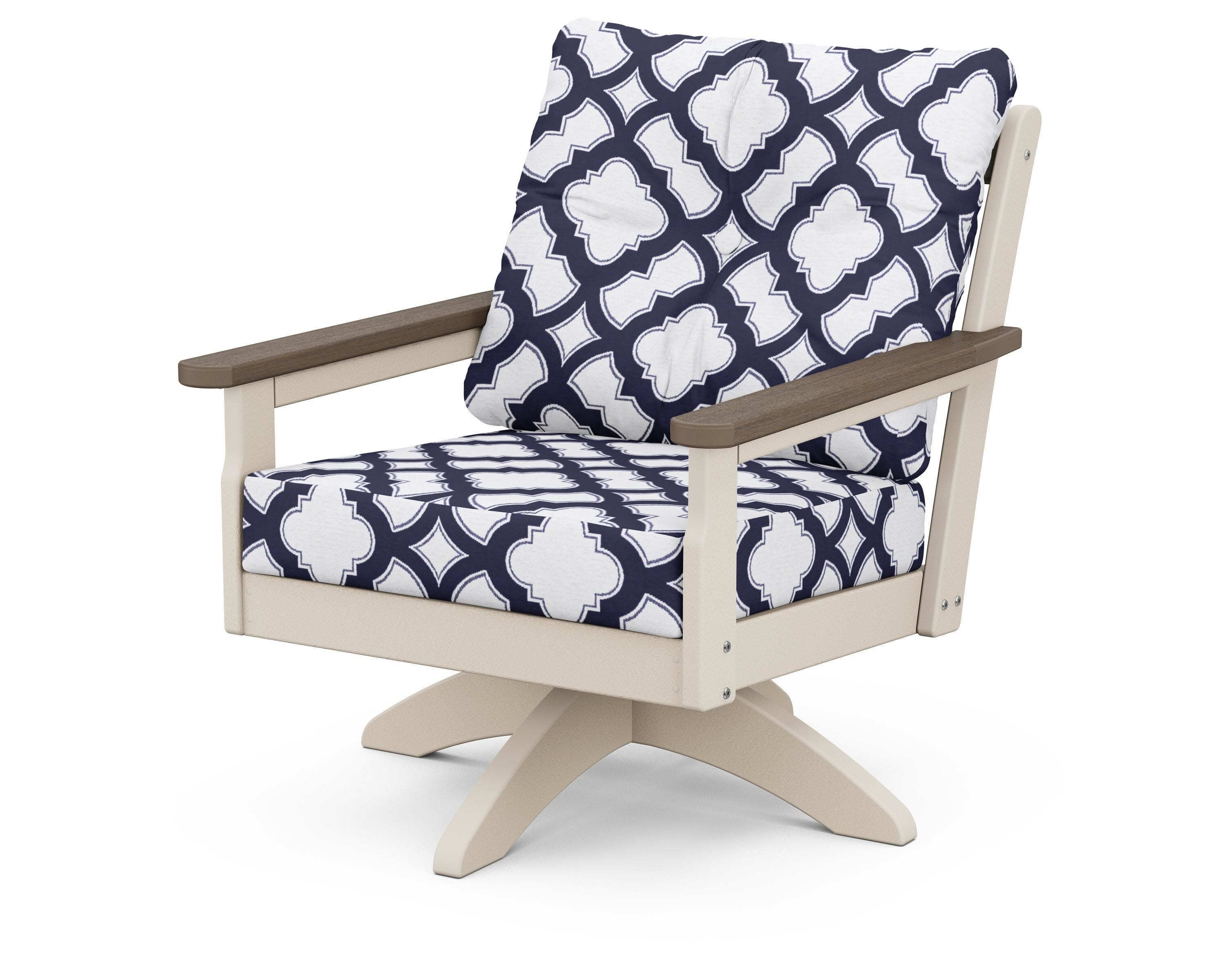 Vineyard Deep Seating Swivel Chair in Sand / Kona / Trellis Navy