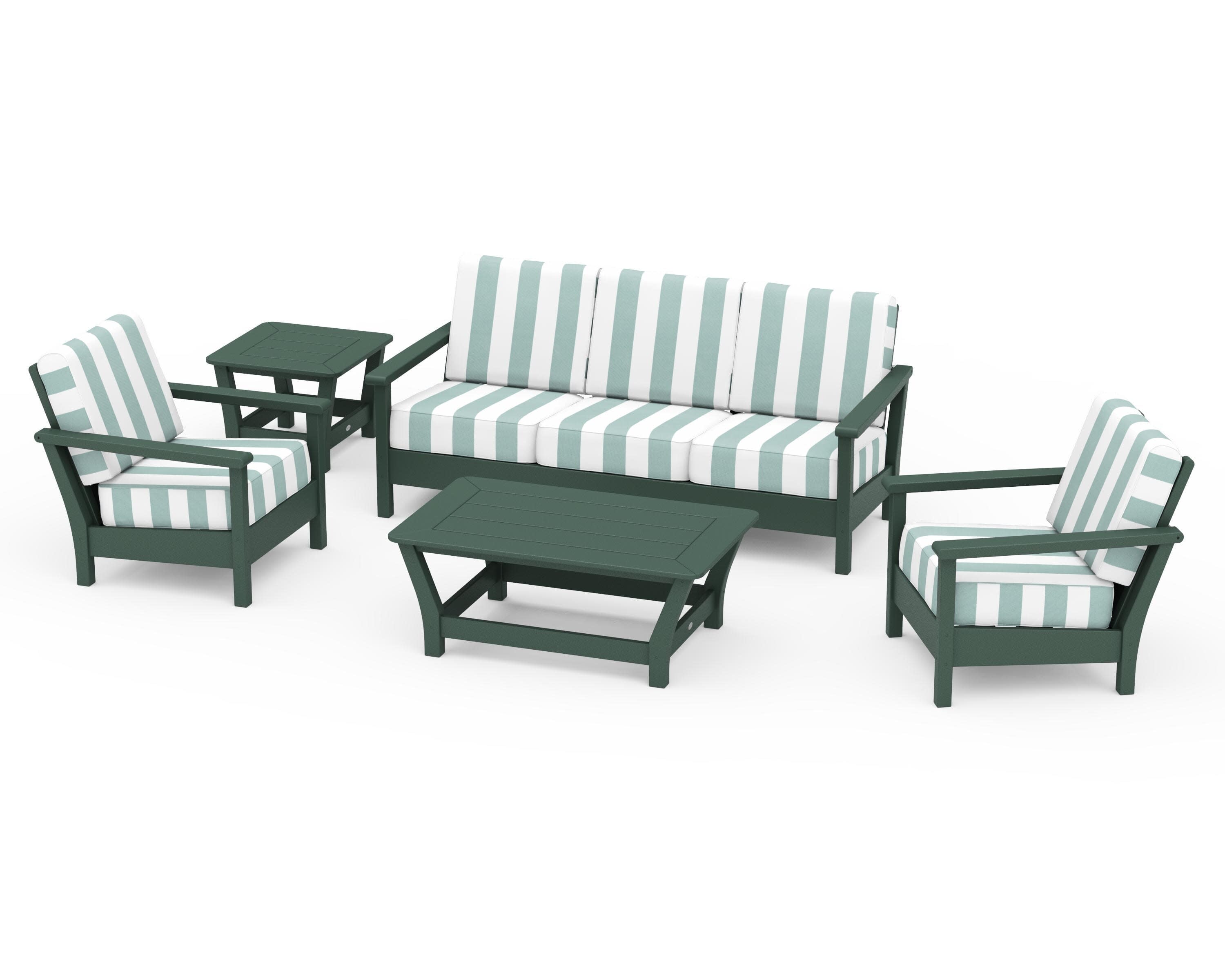 Harbour 5-Piece Deep Seating Set in Green / Cabana Stripe Glacier Spa