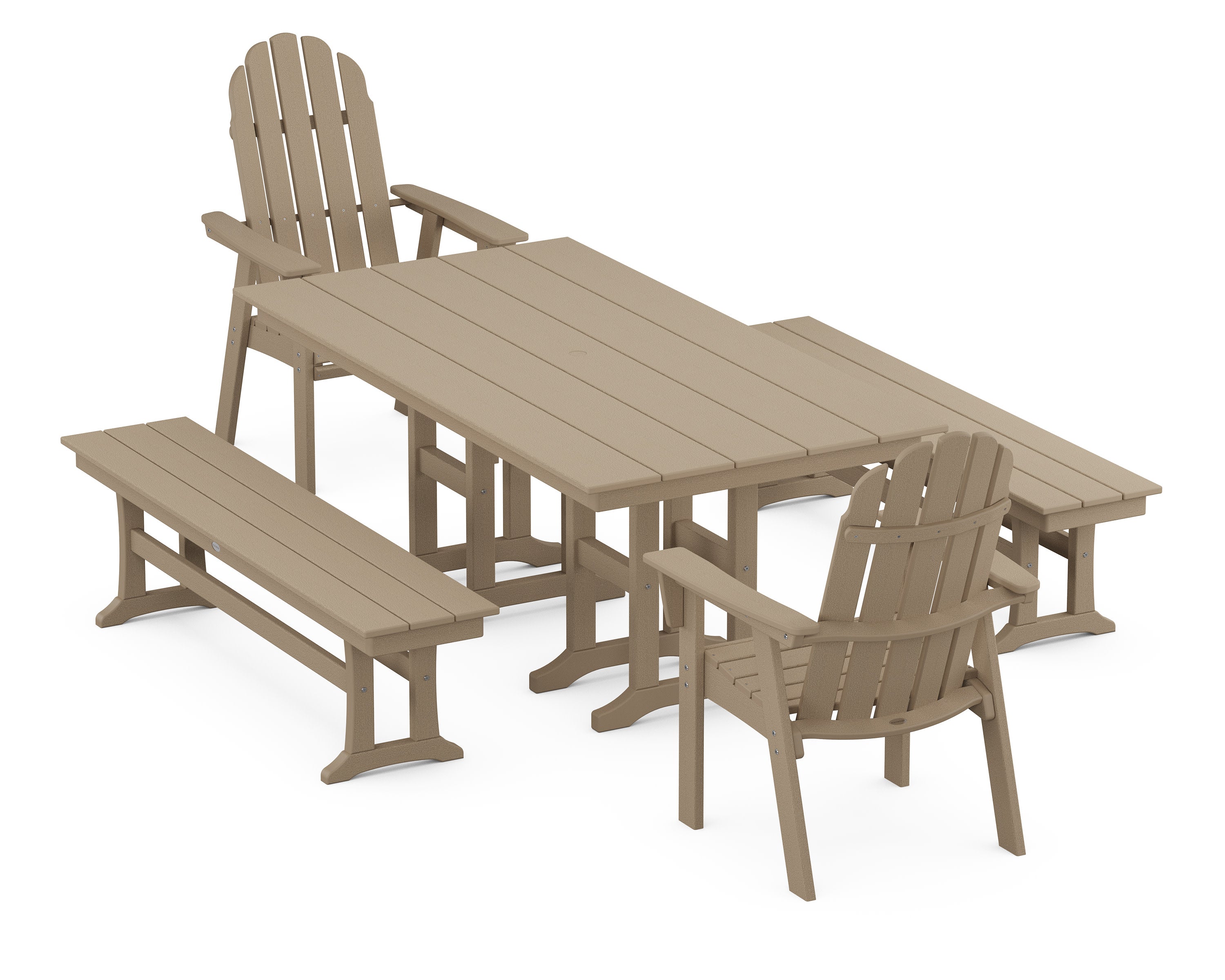 Vineyard Curveback Adirondack 5-Piece Farmhouse Dining Set with Benches in Vintage Sahara
