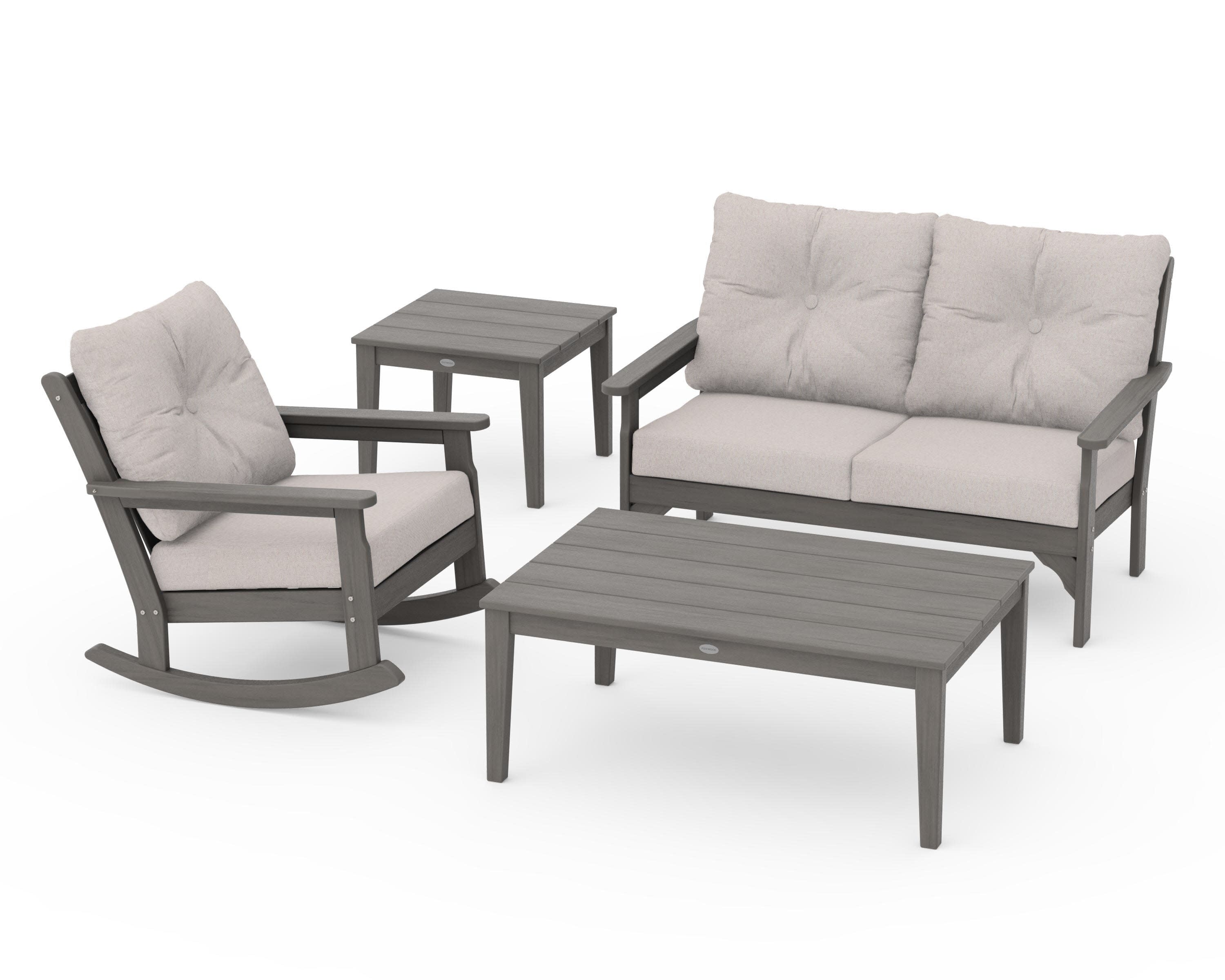 Vineyard 4-Piece Deep Seating Rocker Set in Driftwood / Dune Burlap