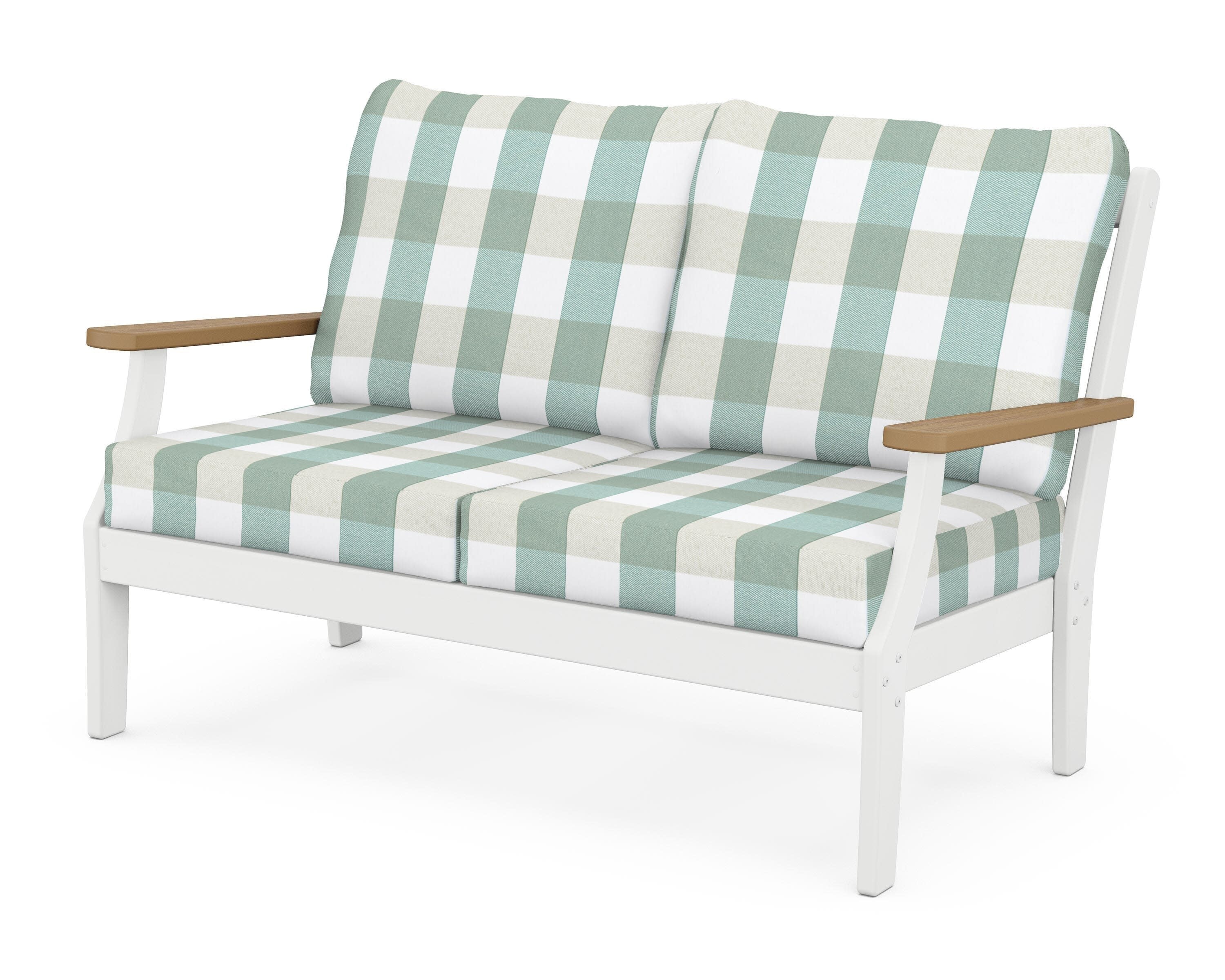 Braxton Deep Seating Loveseat in White / Natural / Buffalo Plaid Glacier Spa