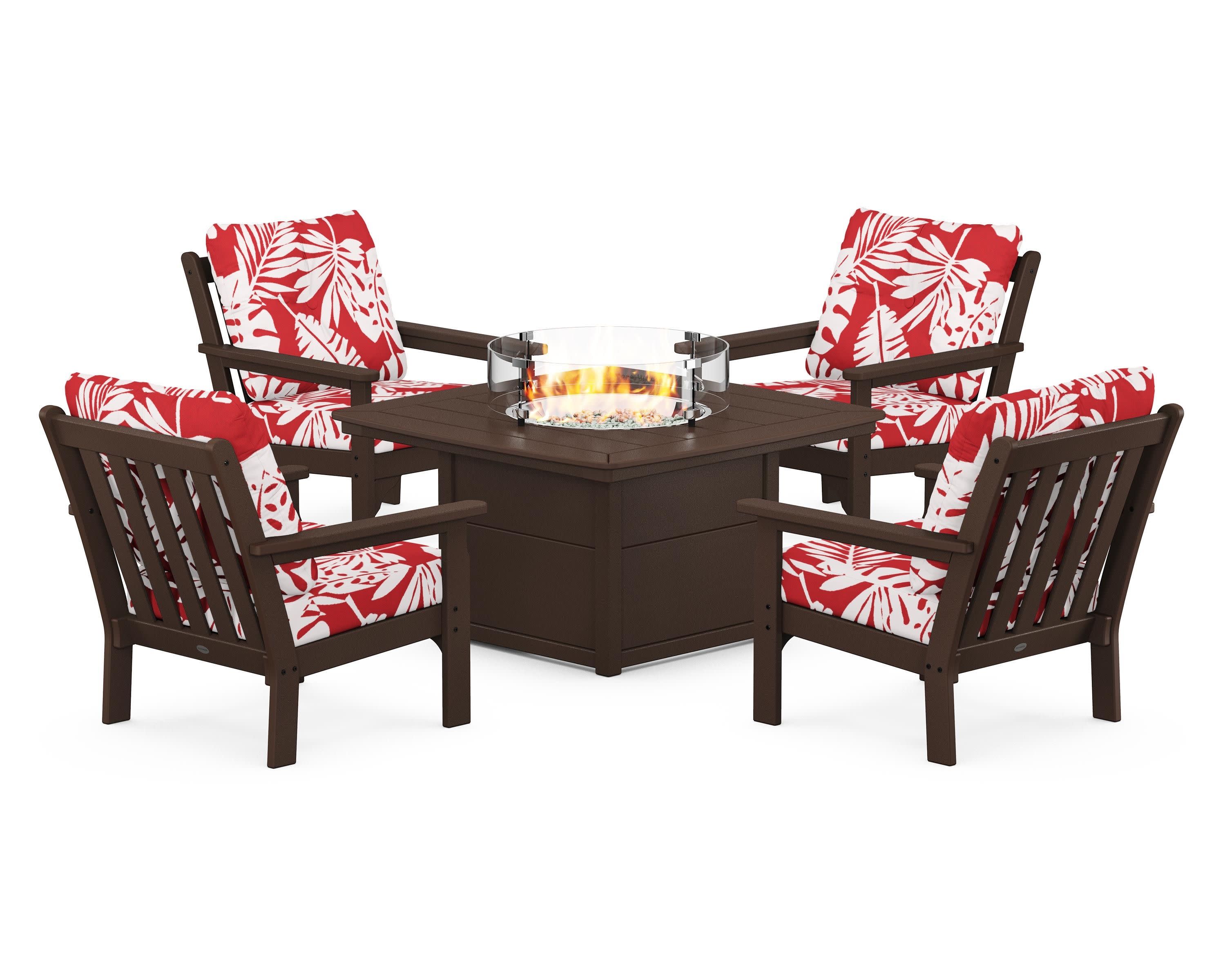 Vineyard 5-Piece Conversation Set with Fire Pit Table in Mahogany / Leaf Crimson