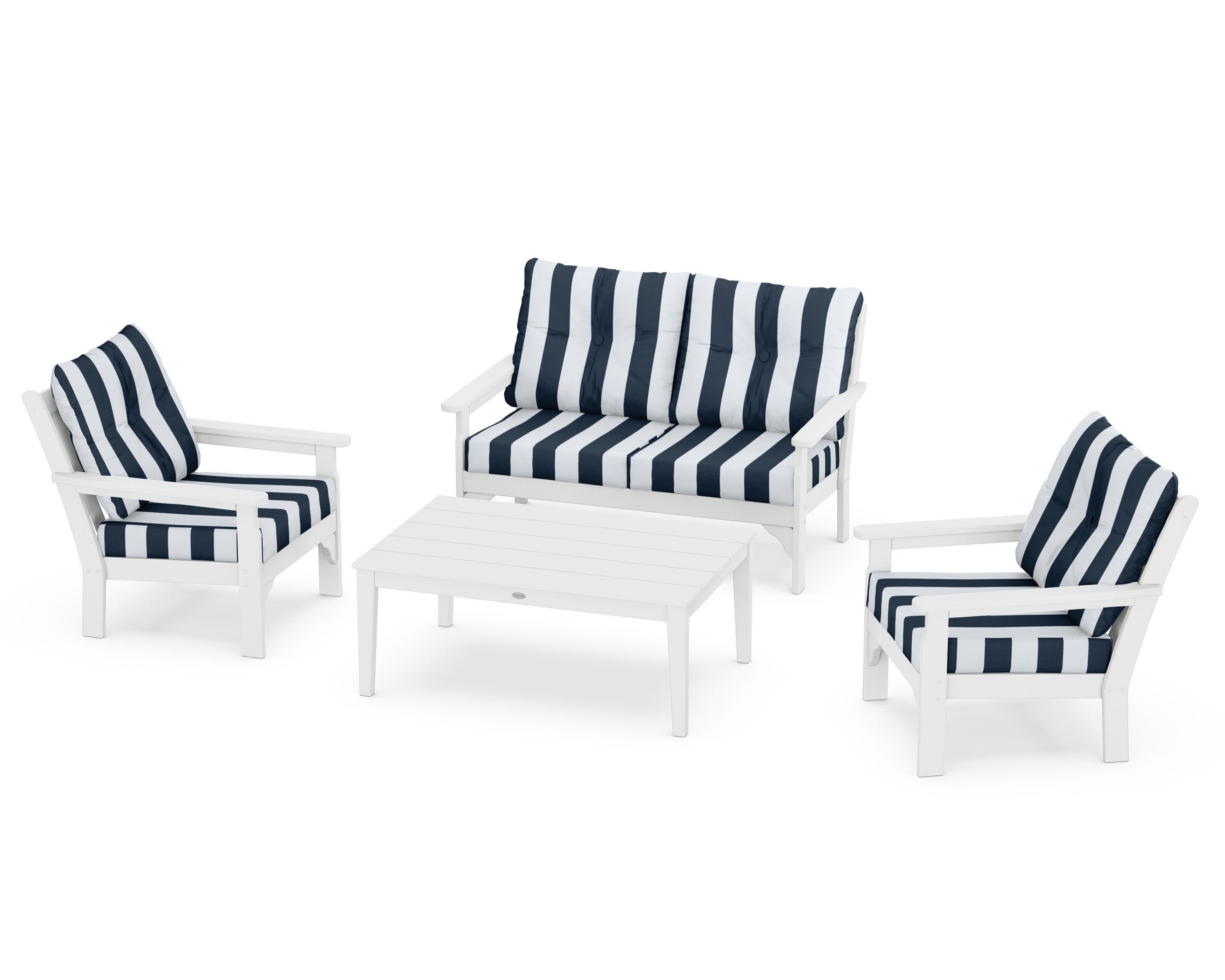Vineyard 4-Piece Deep Seating Set in White / Cabana Stripe Marine Indigo