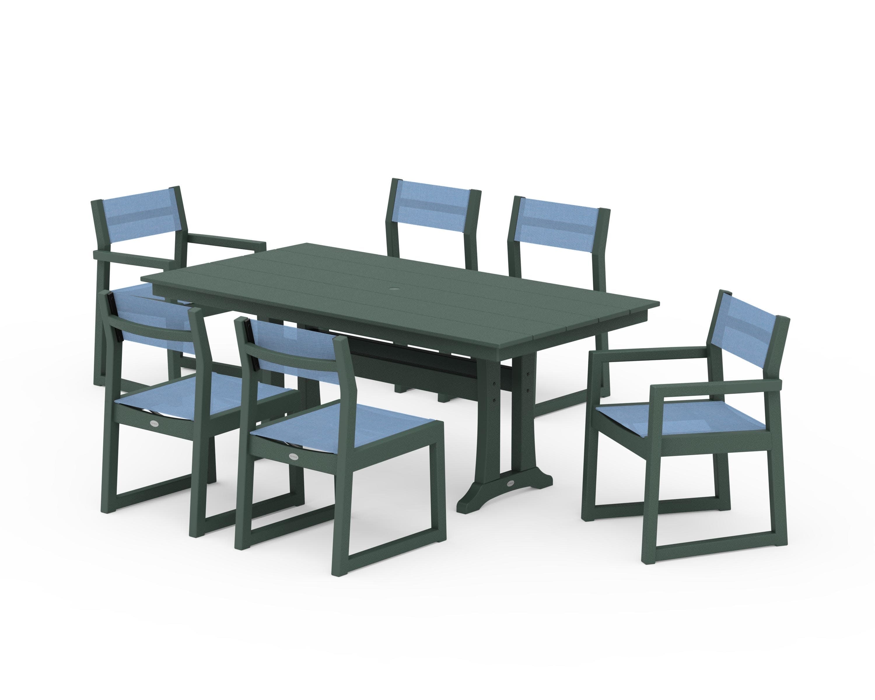 EDGE Sling 7-Piece Farmhouse Trestle Dining Set in Green / Poolside Sling