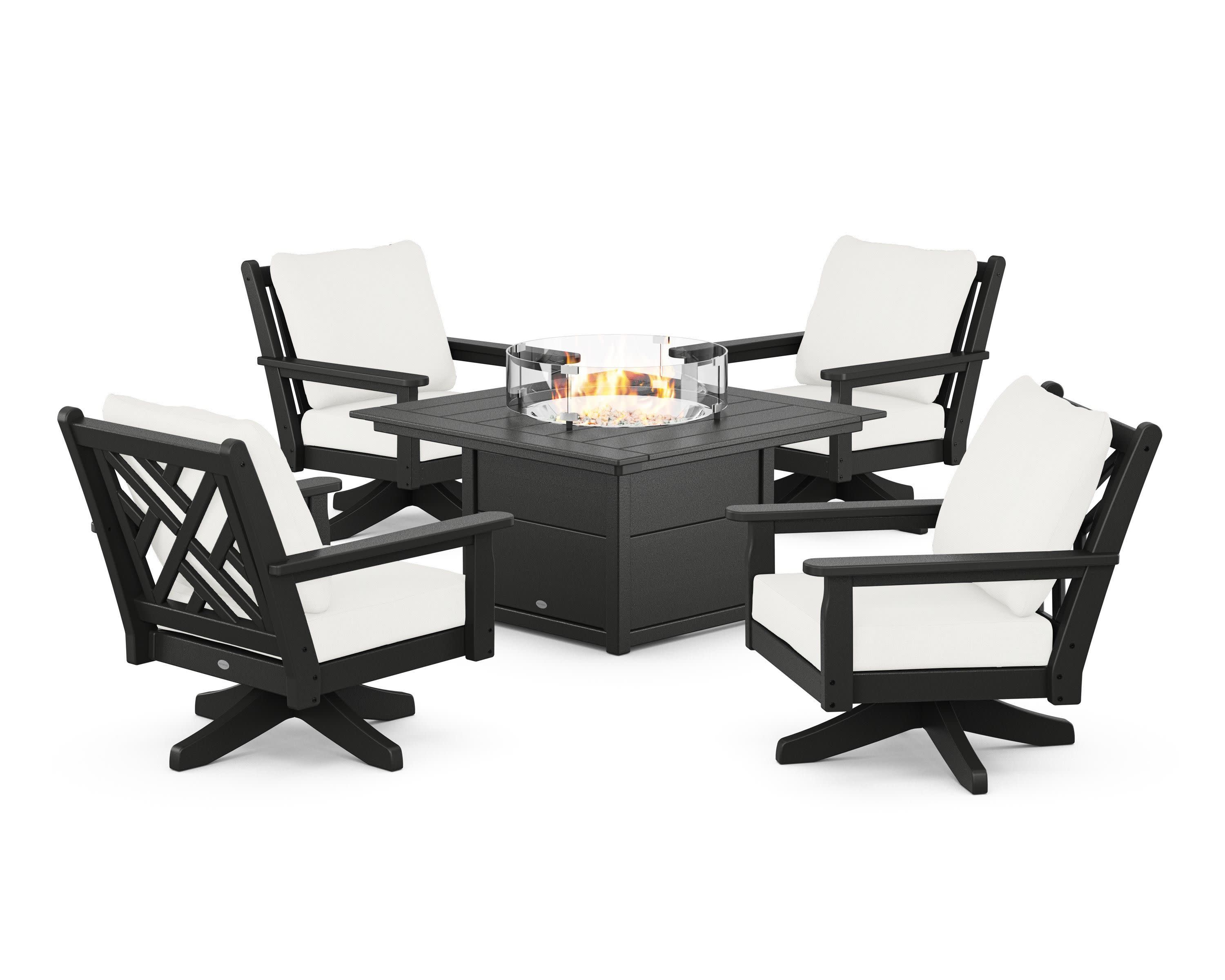 Chippendale 5-Piece Deep Seating Swivel Conversation Set with Fire Pit Table in Black / Natural Linen
