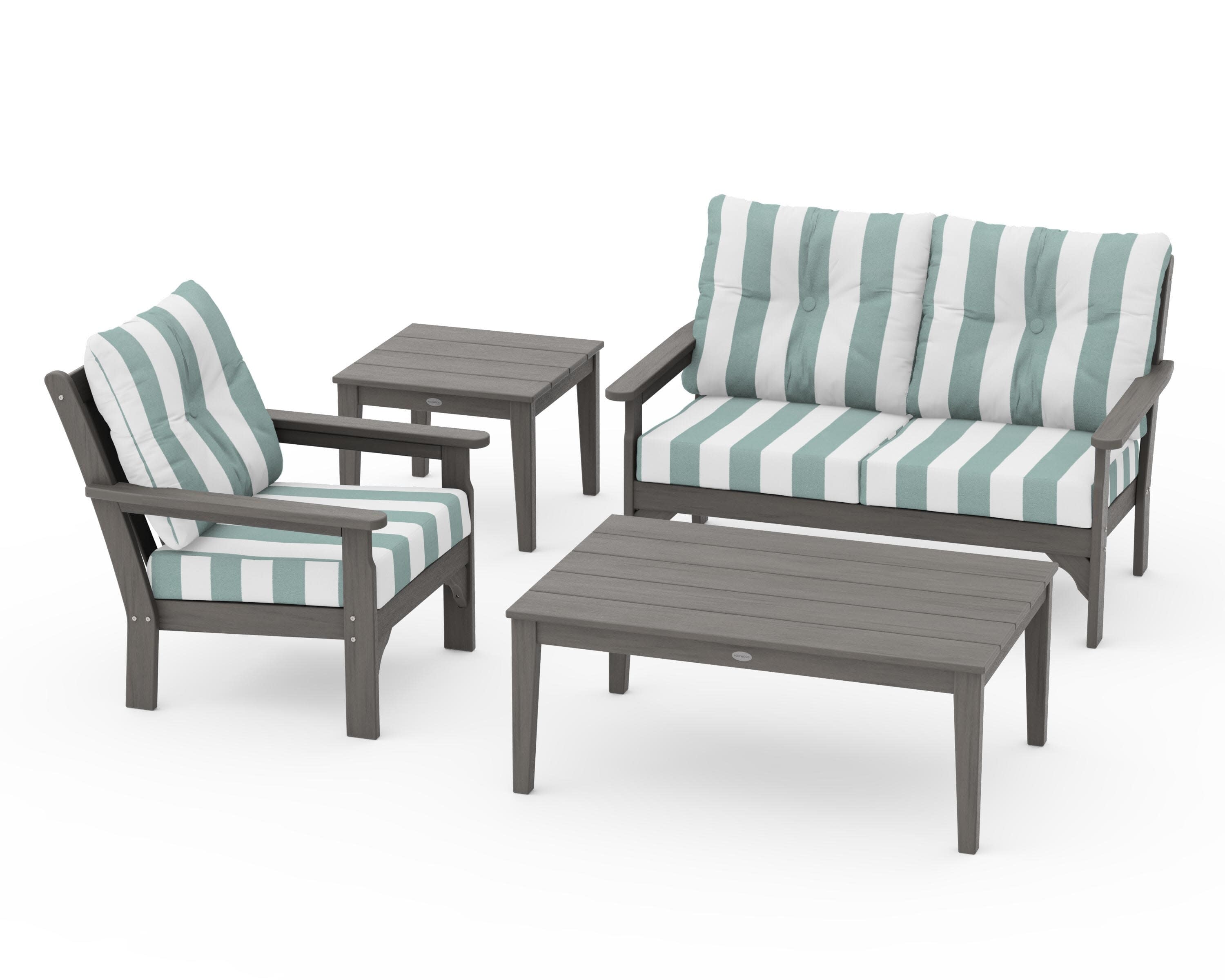 Vineyard 4-Piece Deep Seating Set in Driftwood / Cabana Stripe Glacier Spa