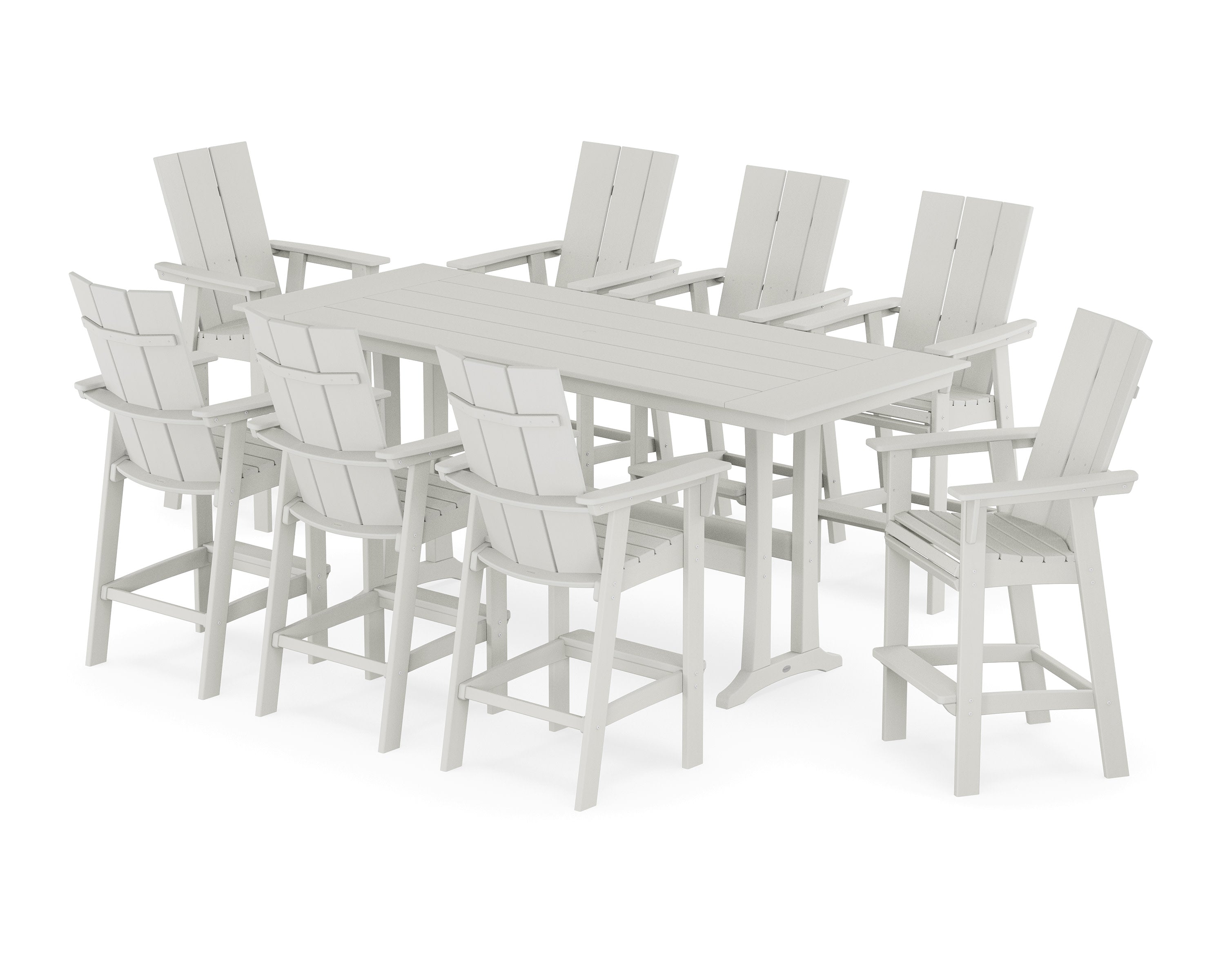 Modern Curveback Adirondack 9-Piece Farmhouse Bar Set with Trestle Legs in Vintage White