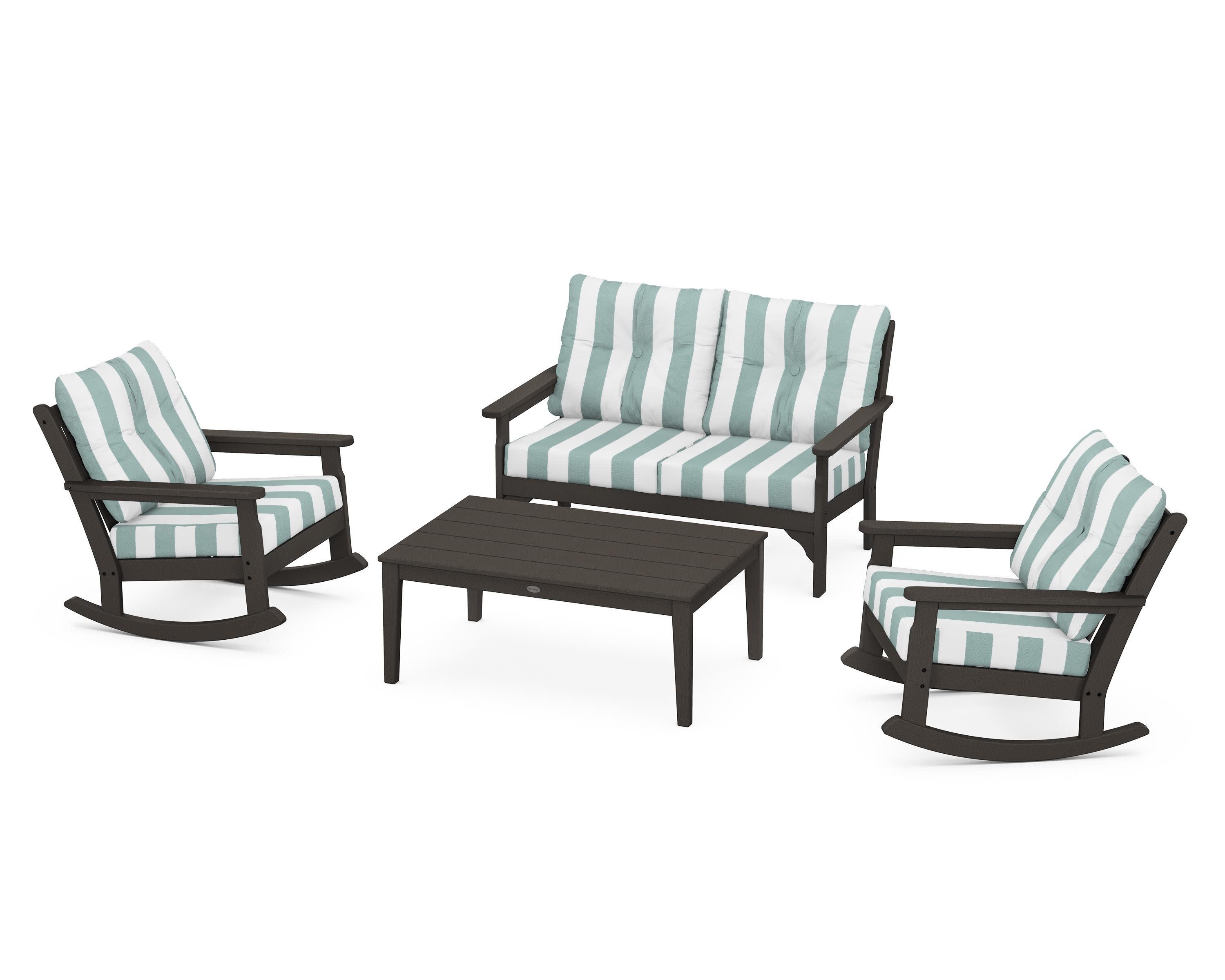 Vineyard 4-Piece Deep Seating Rocking Chair Set in Vintage Coffee / Cabana Stripe Glacier Spa