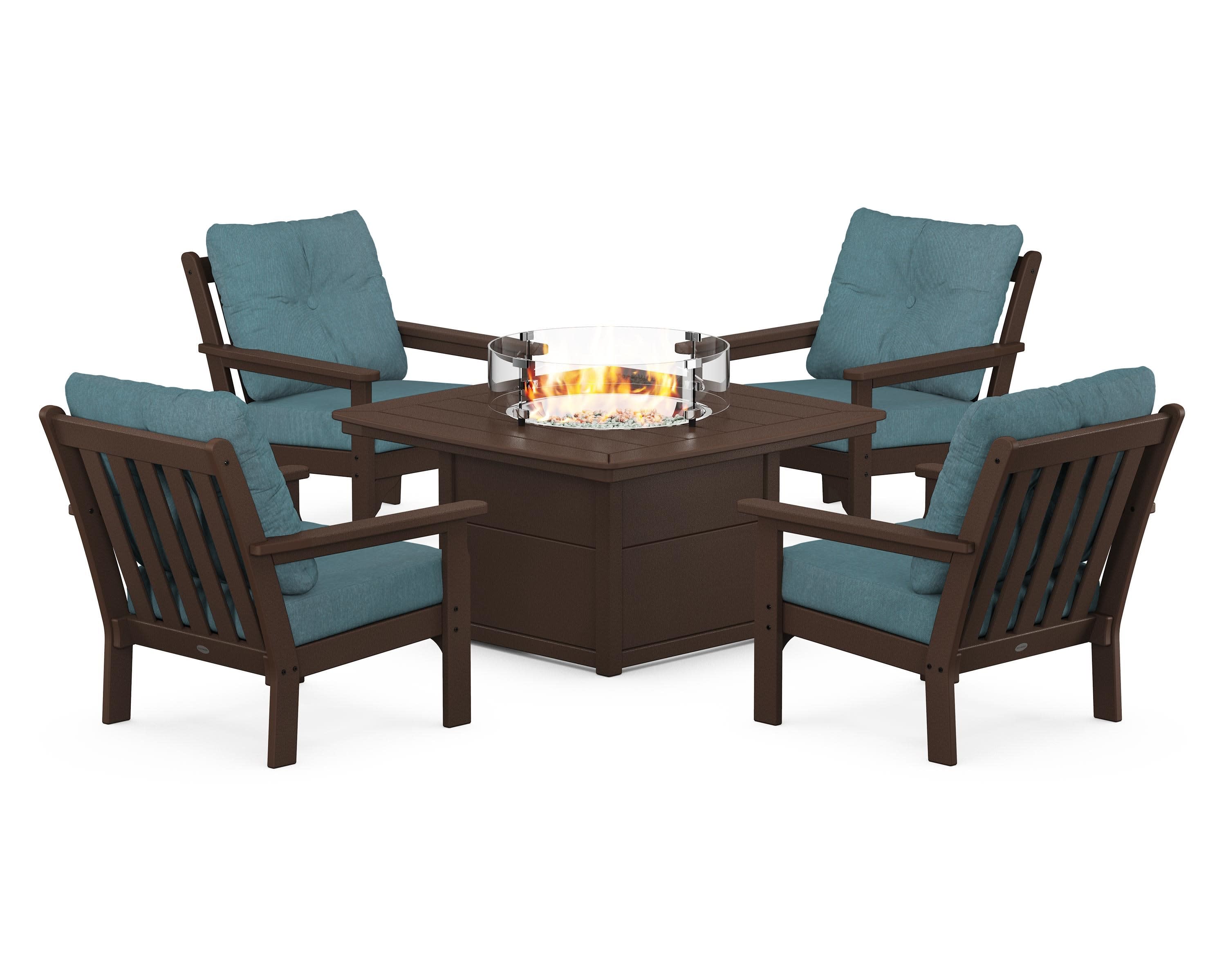 Vineyard 5-Piece Conversation Set with Fire Pit Table in Mahogany / Ocean Teal