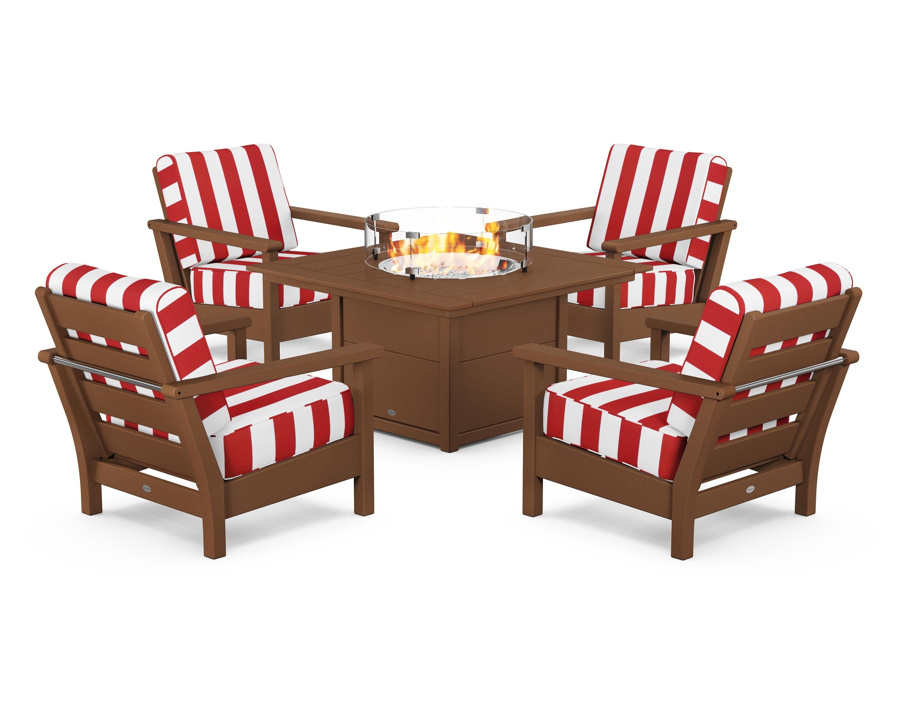 Harbour 5-Piece Conversation Set with Fire Pit Table in Teak / Cabana Stripe Crimson