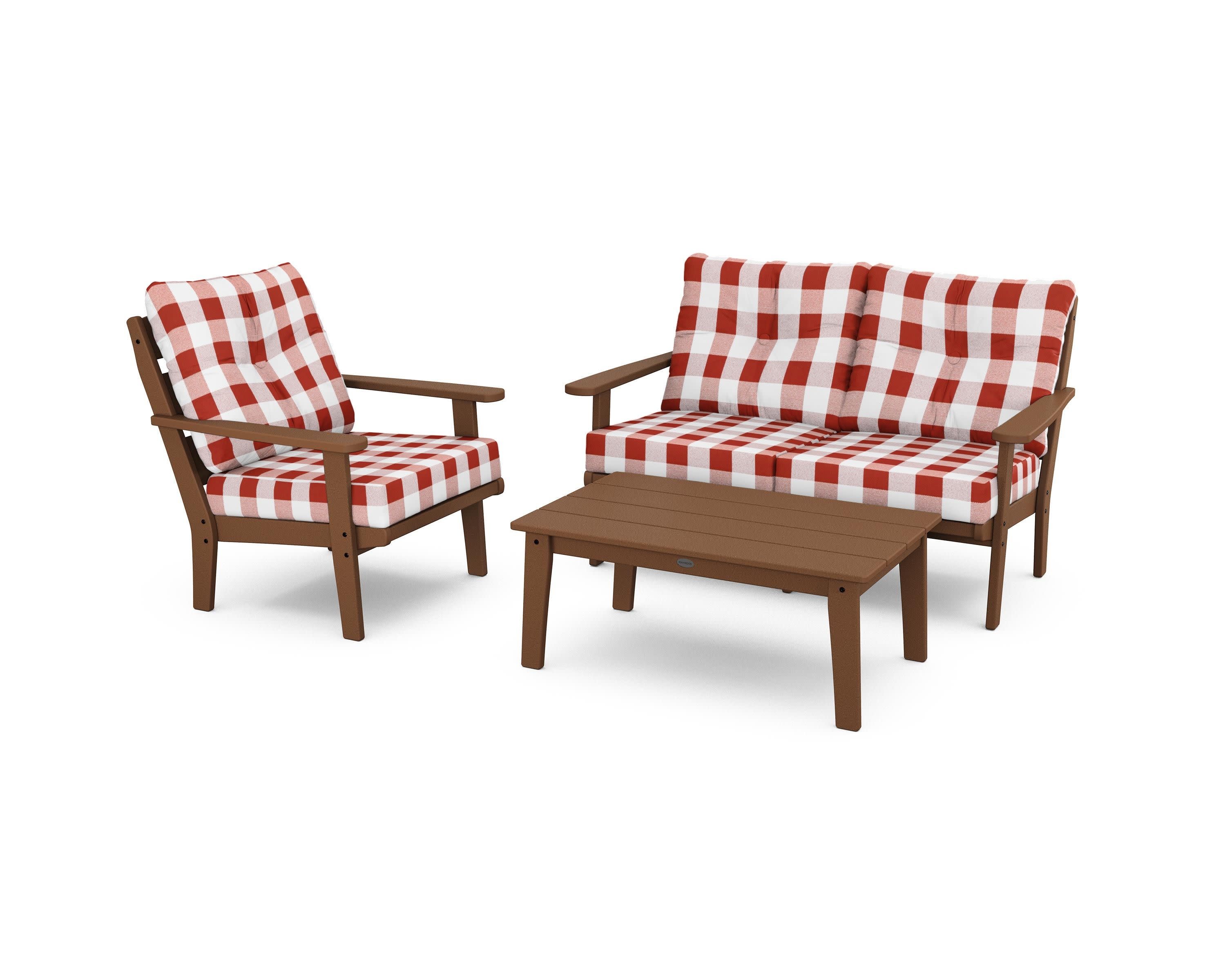 Lakeside 3-Piece Deep Seating Set in Teak / Buffalo Plaid Crimson