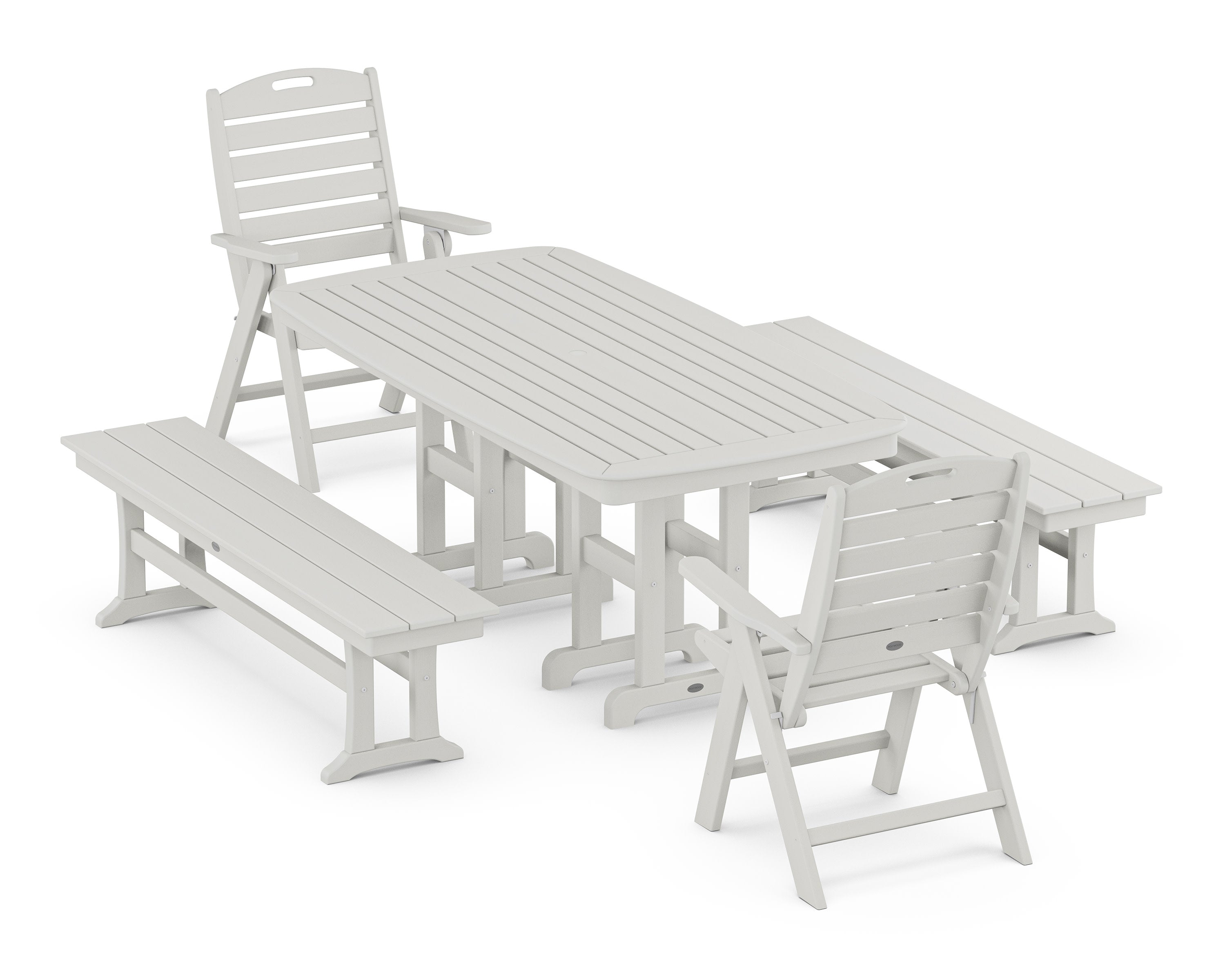 Nautical Highback 5-Piece Dining Set with Benches in Vintage White