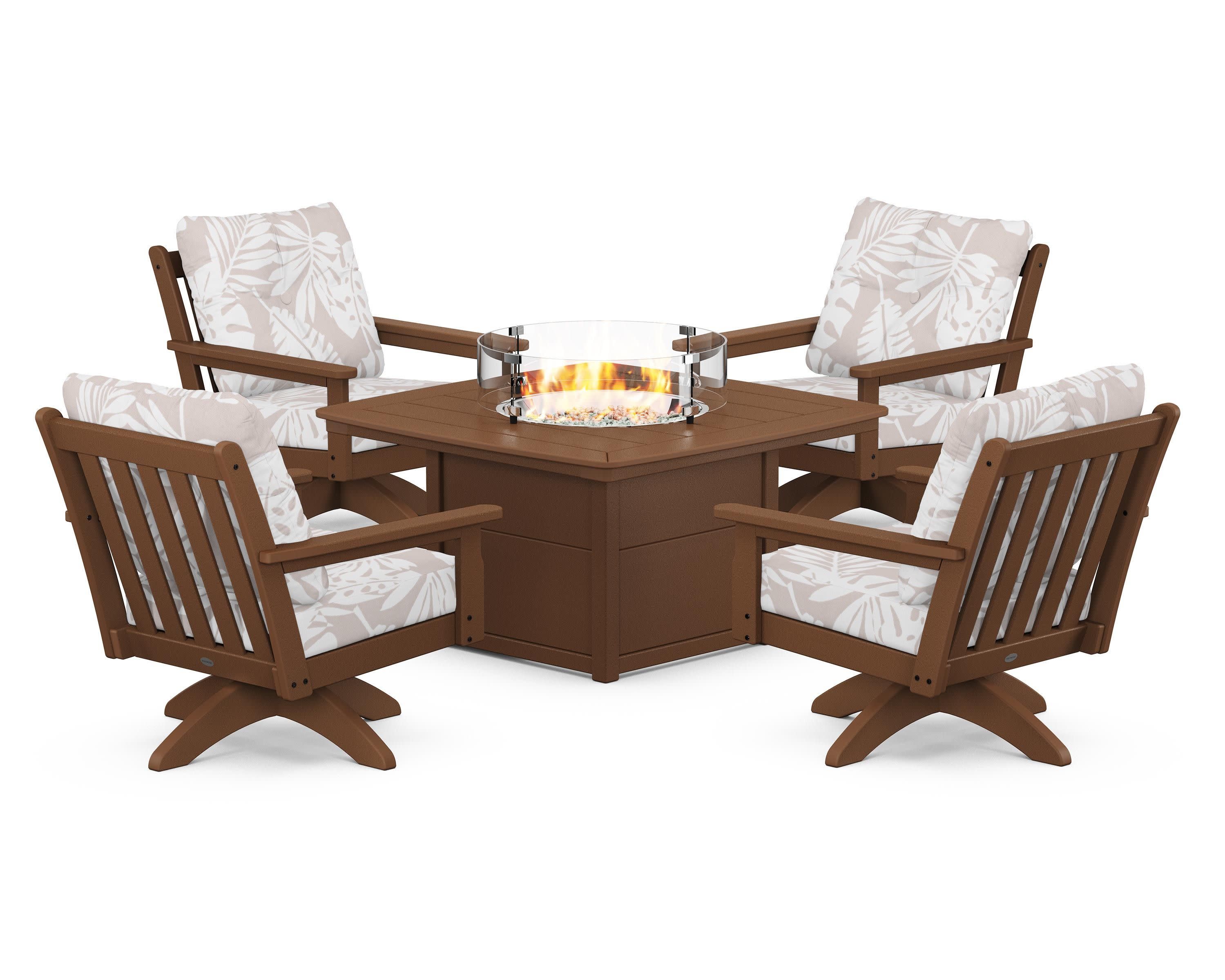 Vineyard 5-Piece Deep Seating Swivel Conversation Set with Fire Pit Table in Teak / Leaf Dune Burlap