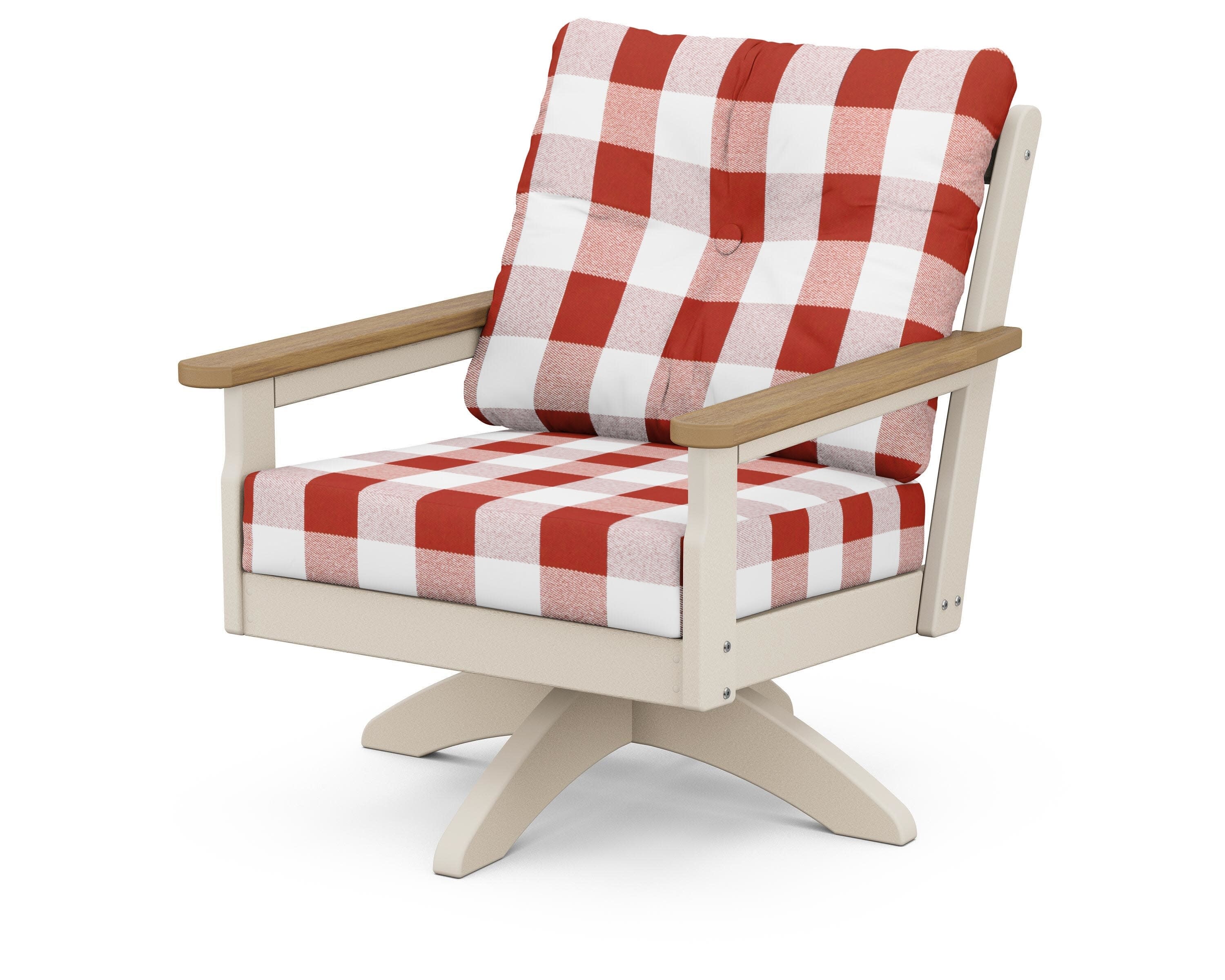 Vineyard Deep Seating Swivel Chair in Sand / Natural / Buffalo Plaid Crimson