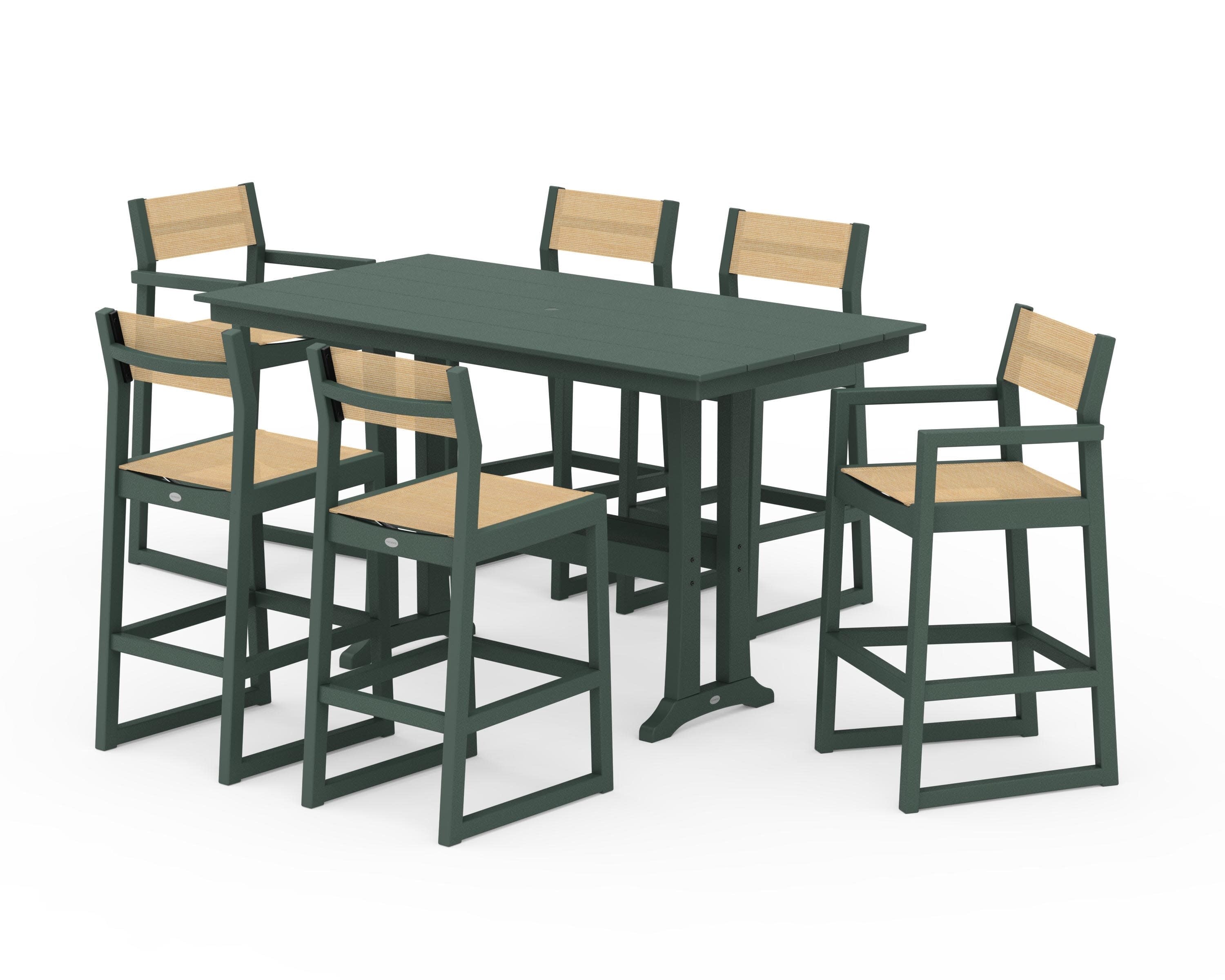 EDGE Sling 7-Piece Farmhouse Bar Set with Trestle Legs in Green / Dupioni Apricot Sling