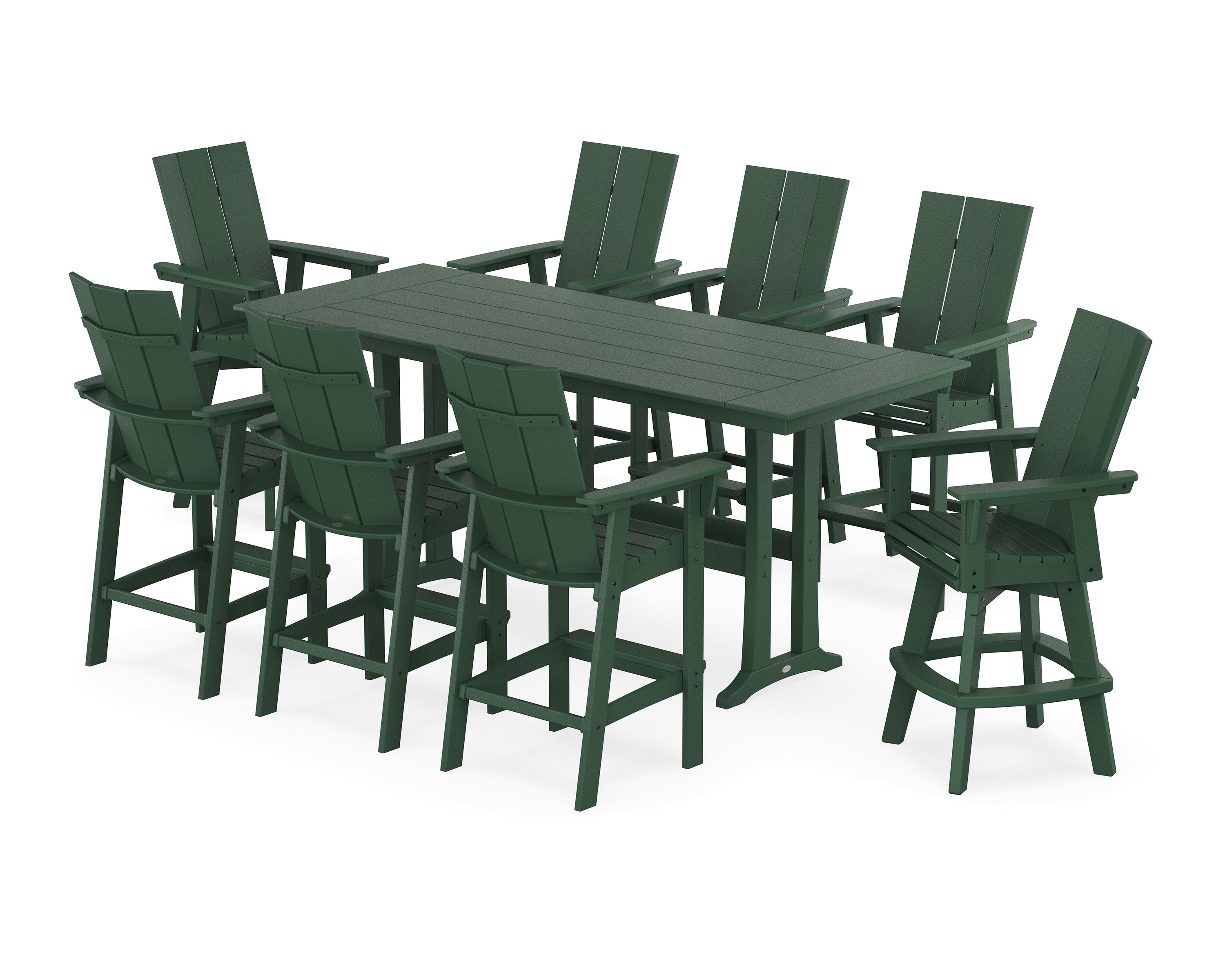 Modern Curveback Adirondack Swivel 9-Piece Farmhouse Bar Set with Trestle Legs in Green