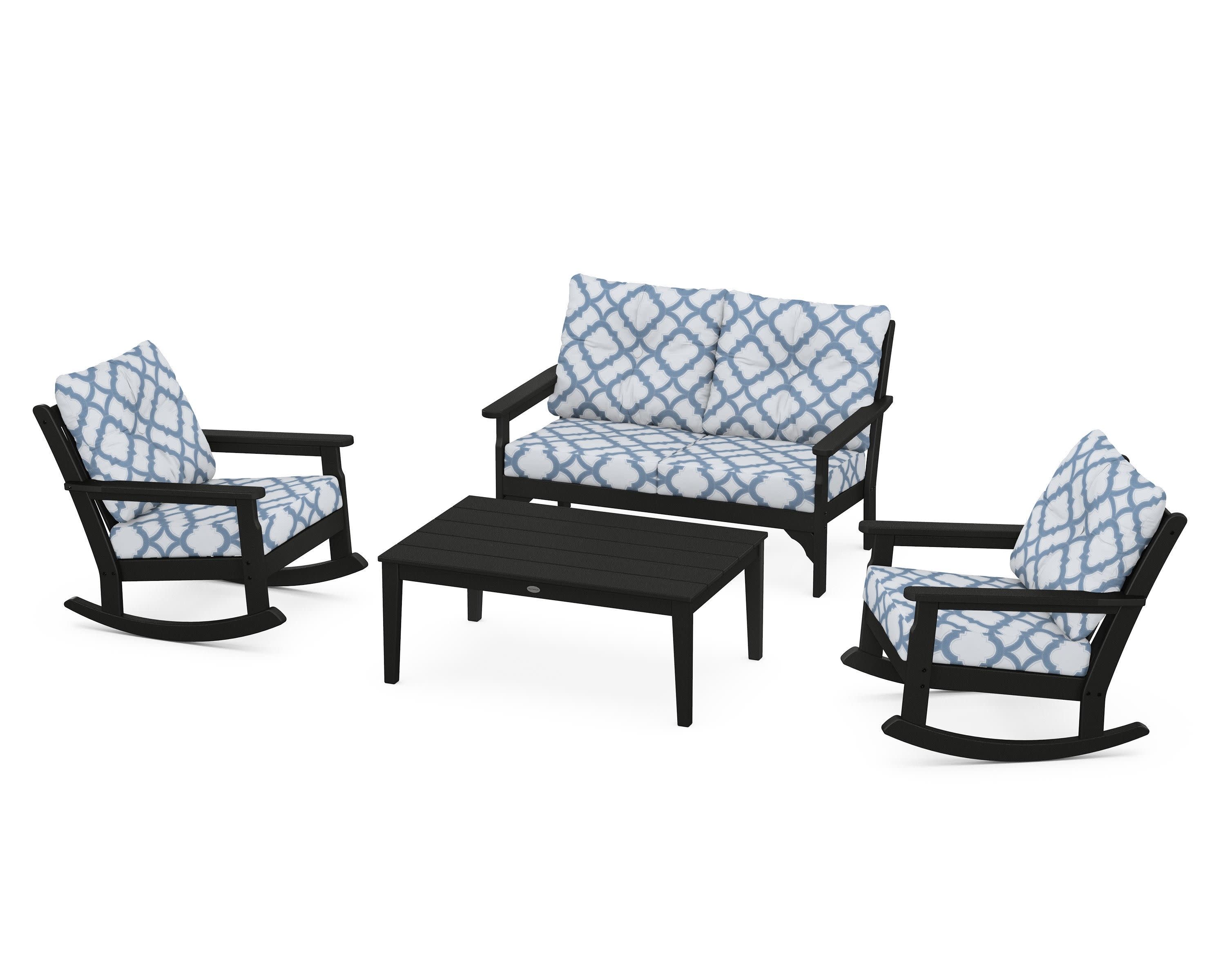 Vineyard 4-Piece Deep Seating Rocking Chair Set in Black / Trellis Sky Blue
