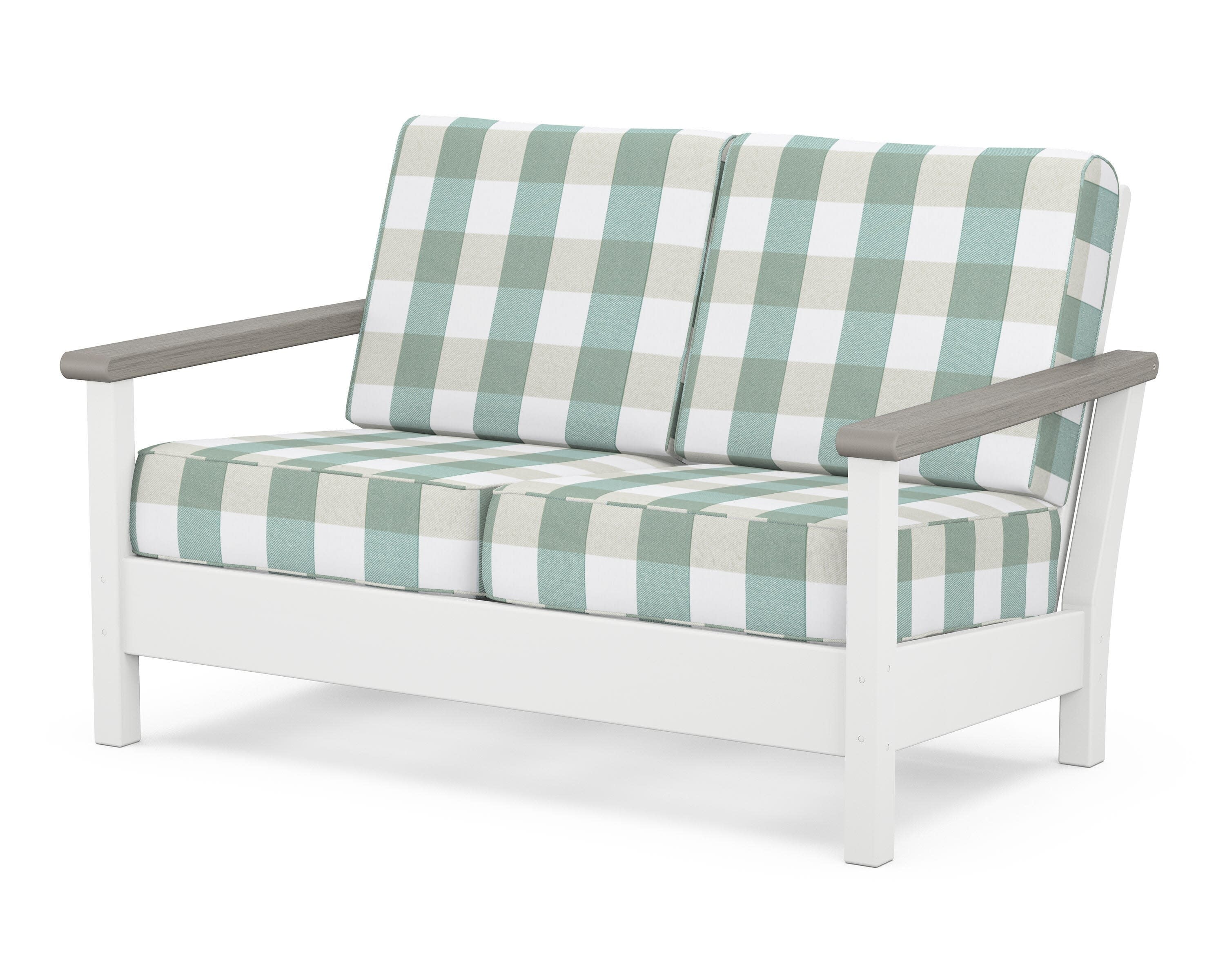 Harbour Deep Seating Loveseat in White / Driftwood / Buffalo Plaid Glacier Spa