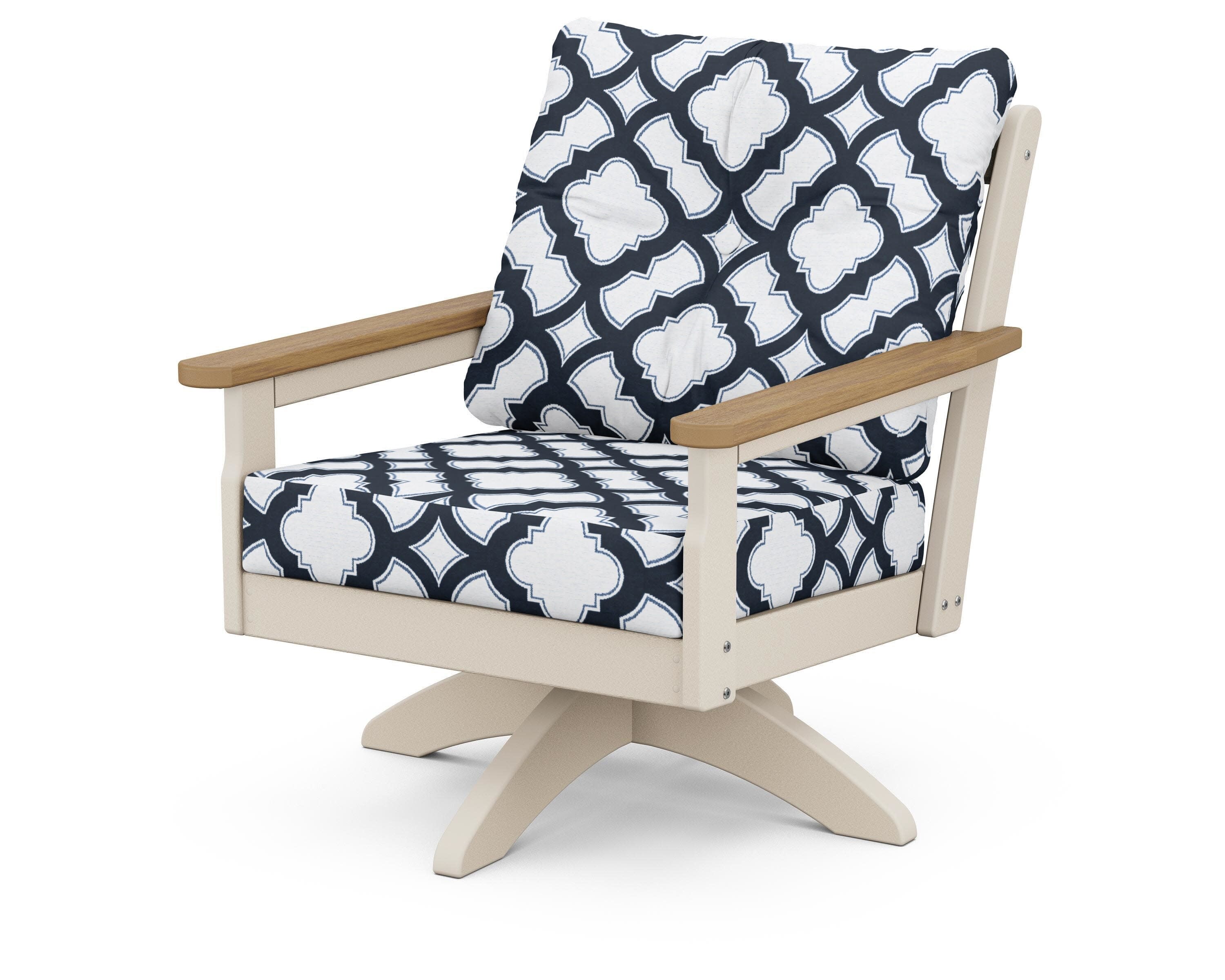 Vineyard Deep Seating Swivel Chair in Sand / Natural / Trellis Marine Indigo