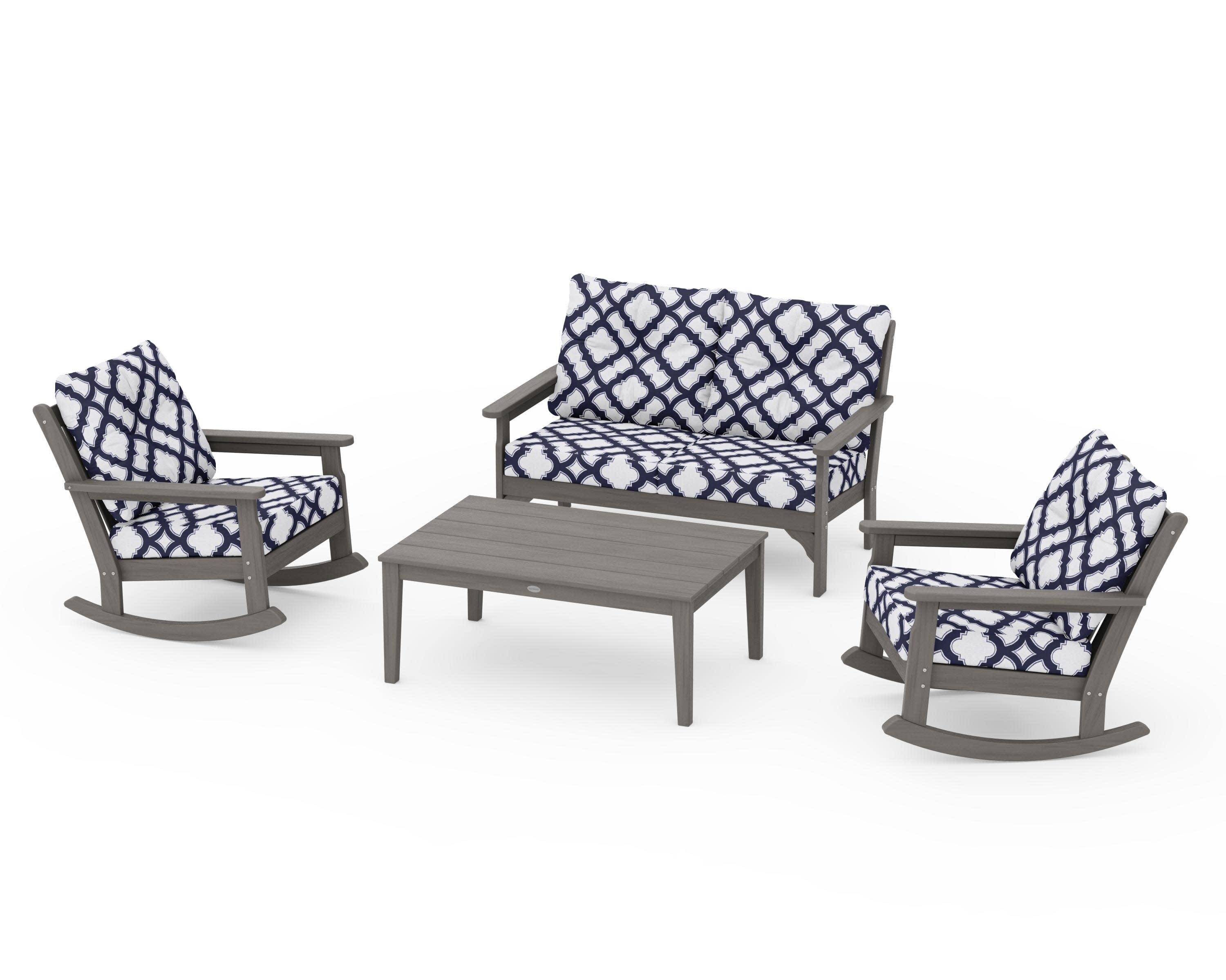 Vineyard 4-Piece Deep Seating Rocking Chair Set in Driftwood / Trellis Navy