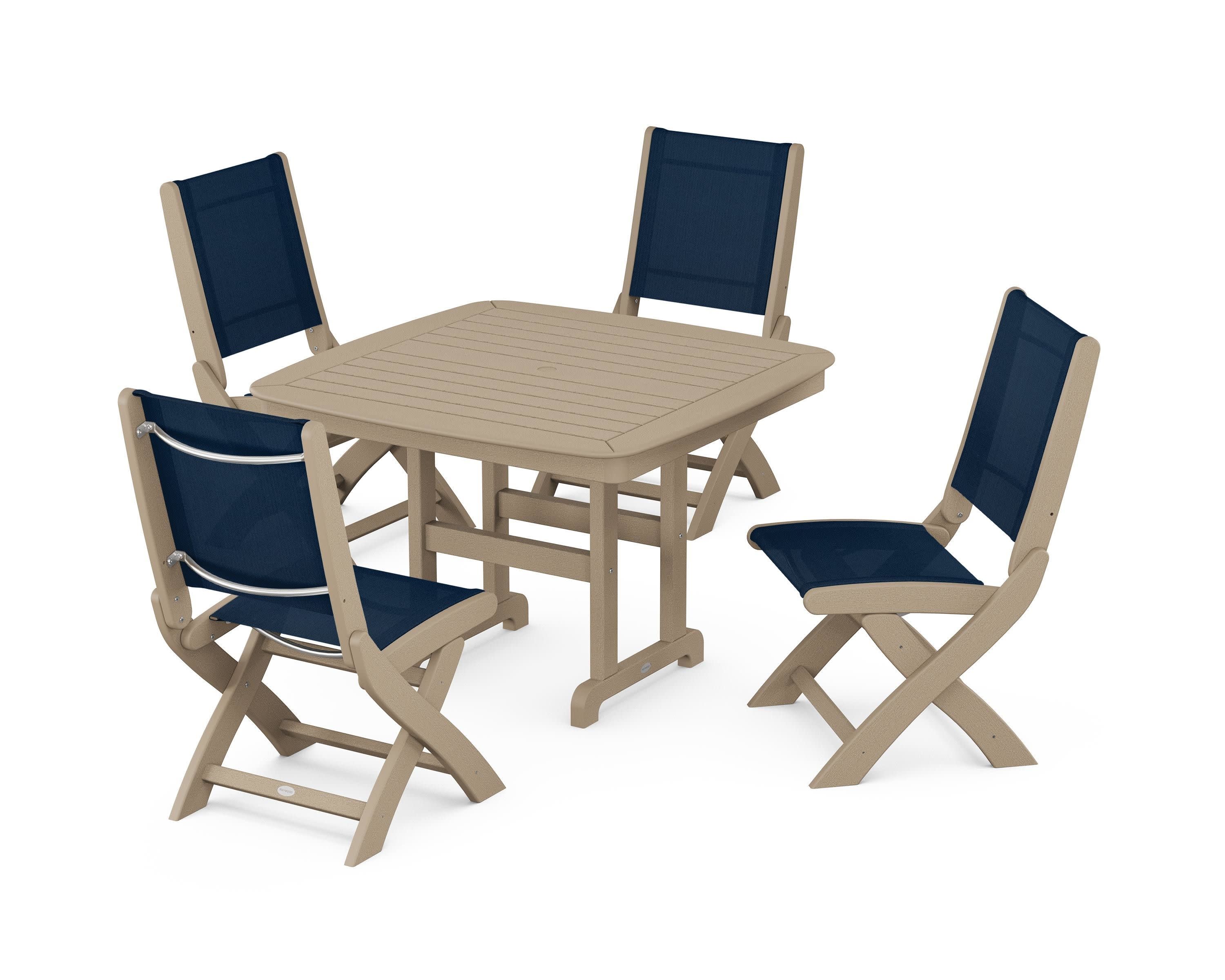 Coastal Folding Side Chair 5-Piece Dining Set in Vintage Sahara / Navy Blue Sling