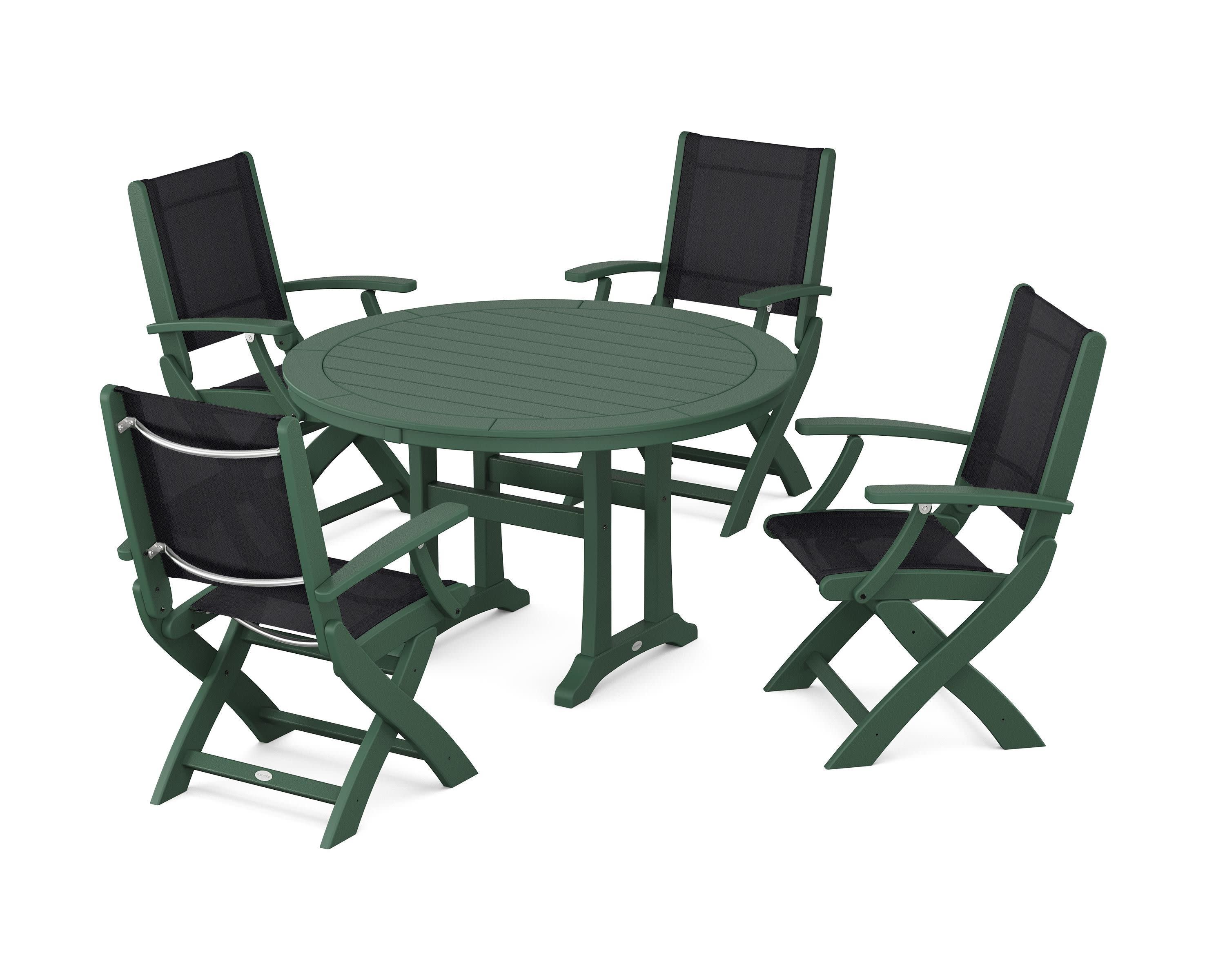 Coastal Folding Chair 5-Piece Round Dining Set with Trestle Legs in Green / Black Sling
