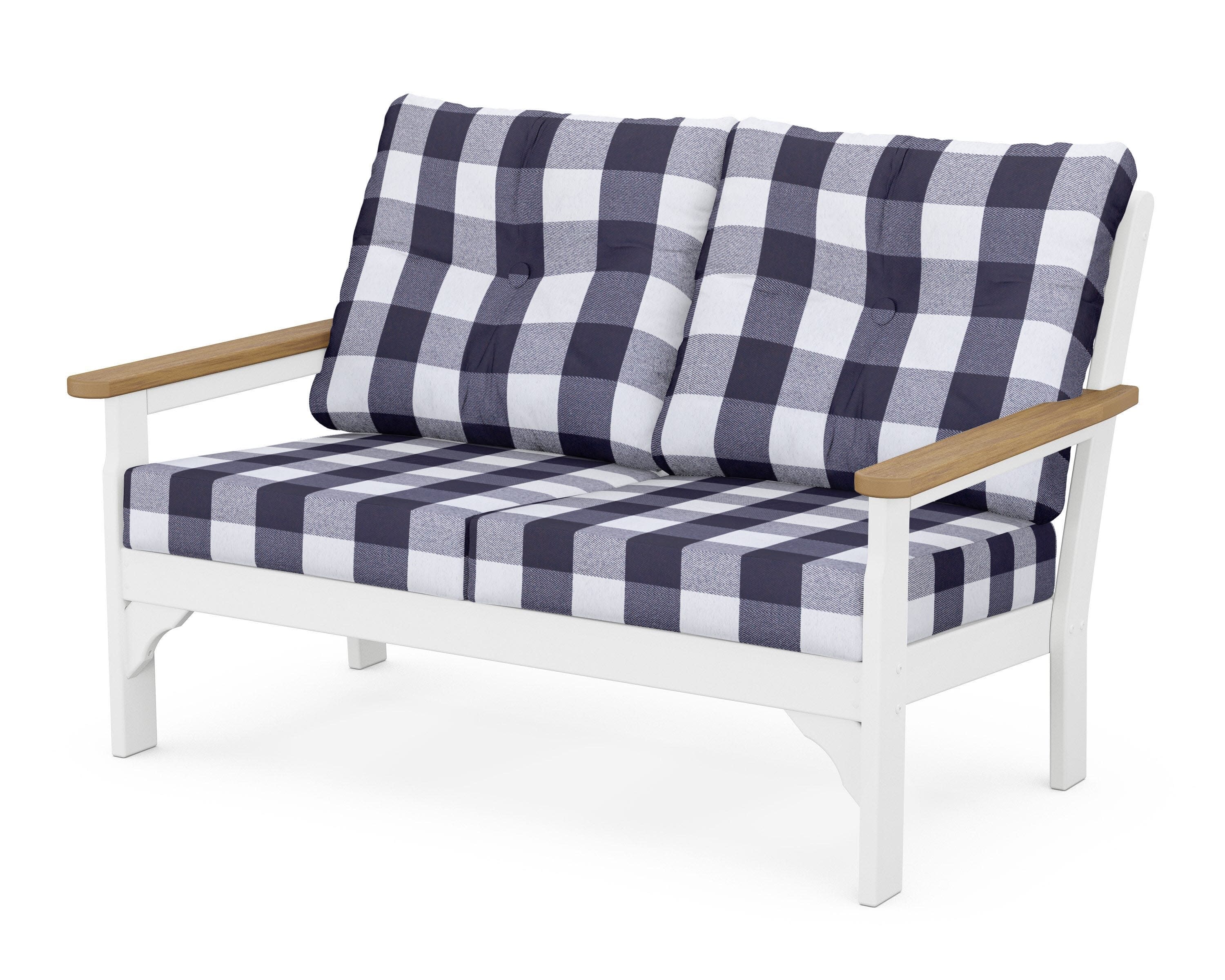 Vineyard Deep Seating Loveseat in White / Natural / Buffalo Plaid Navy