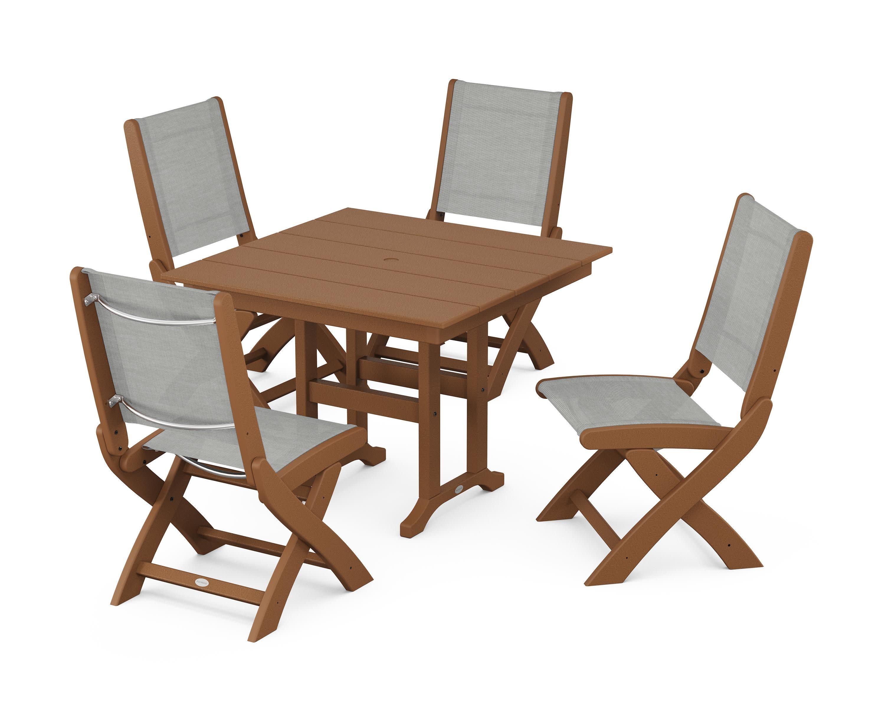 Coastal Folding Side Chair 5-Piece Farmhouse Dining Set in Teak / Metallic Sling