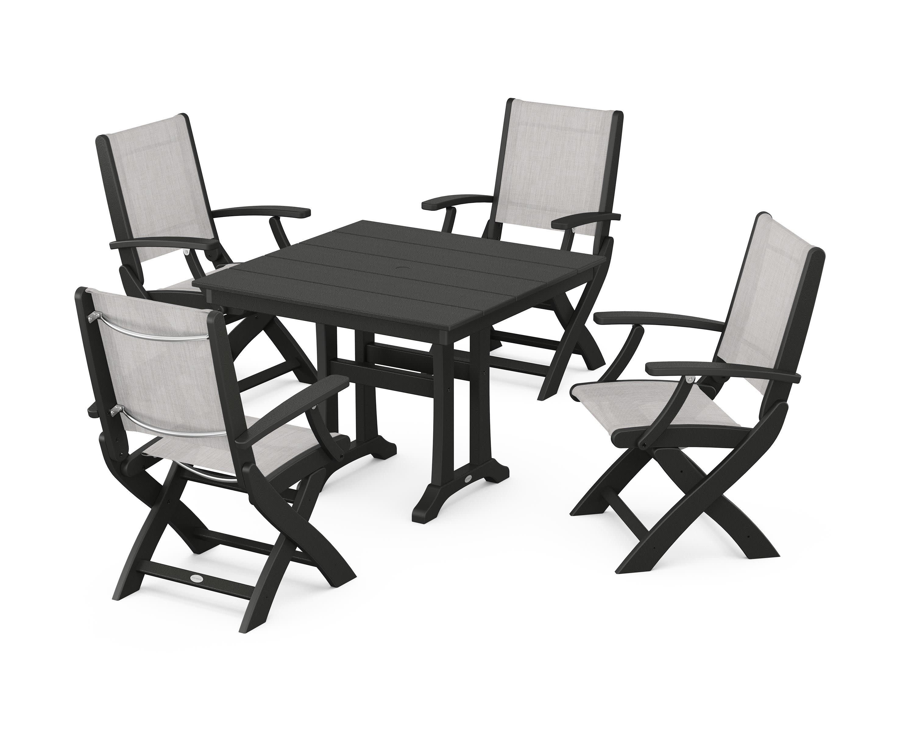 Coastal Folding Chair 5-Piece Farmhouse Dining Set With Trestle Legs in Black / Parchment Sling