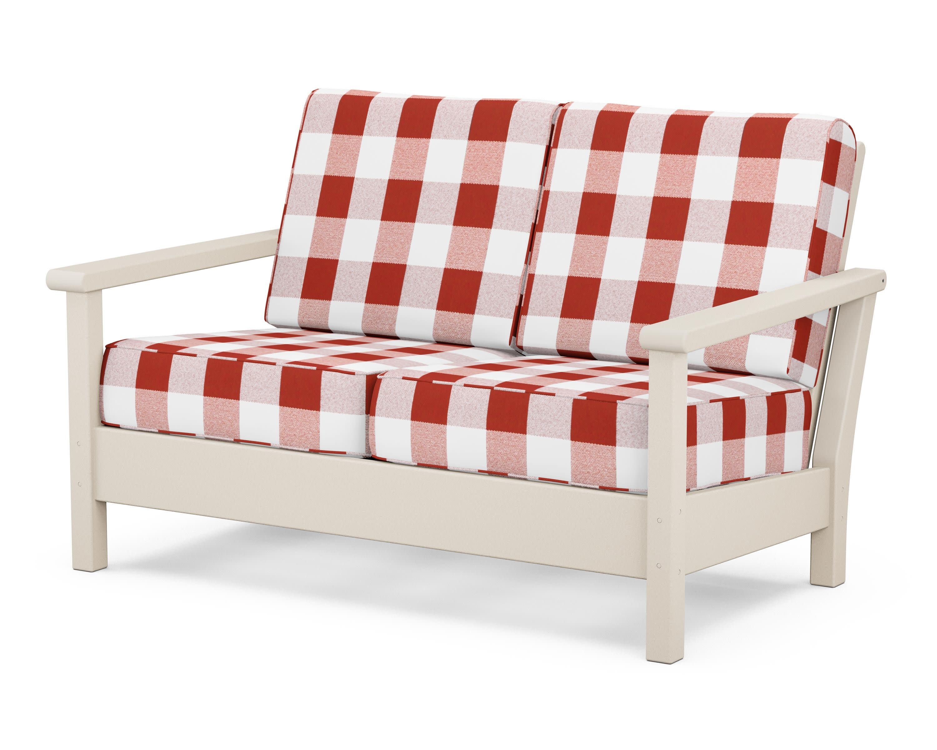 Harbour Deep Seating Loveseat in Sand / Buffalo Plaid Crimson