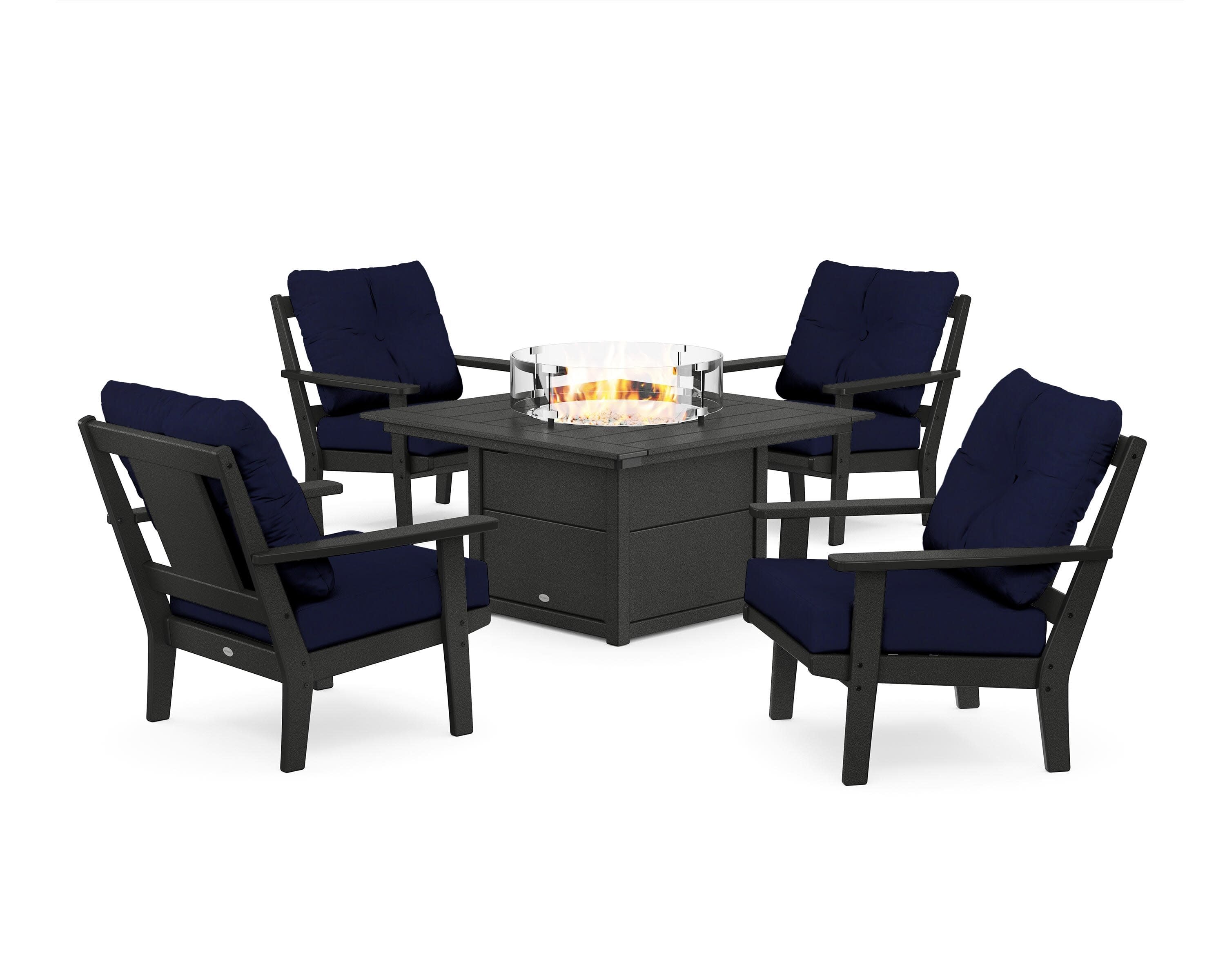 Prairie 5-Piece Deep Seating Set with Fire Pit Table in Black / Navy