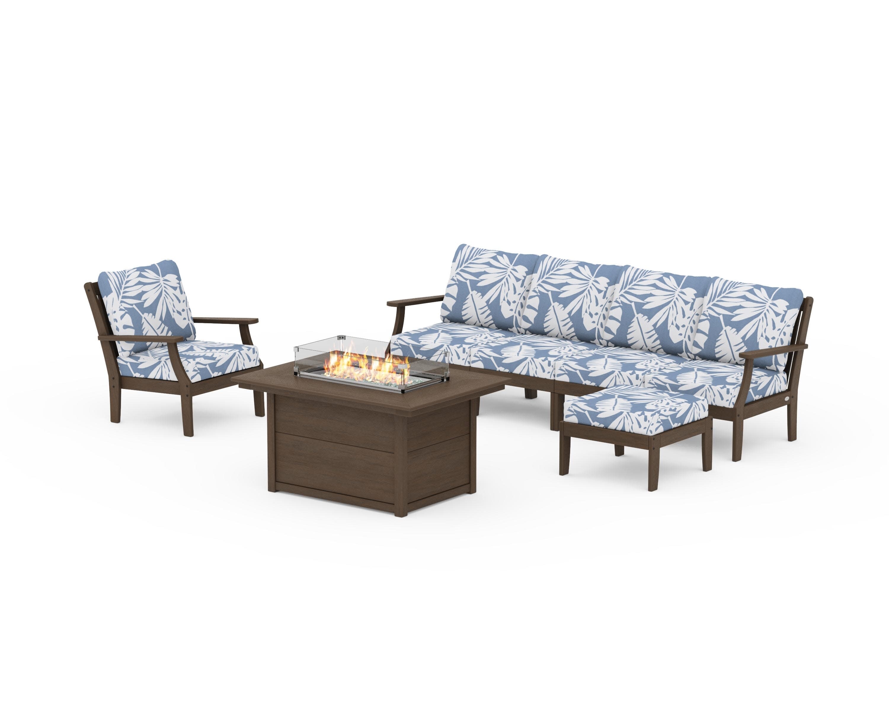 Braxton Sectional Lounge and Fire Pit Set in Kona / Leaf Sky Blue