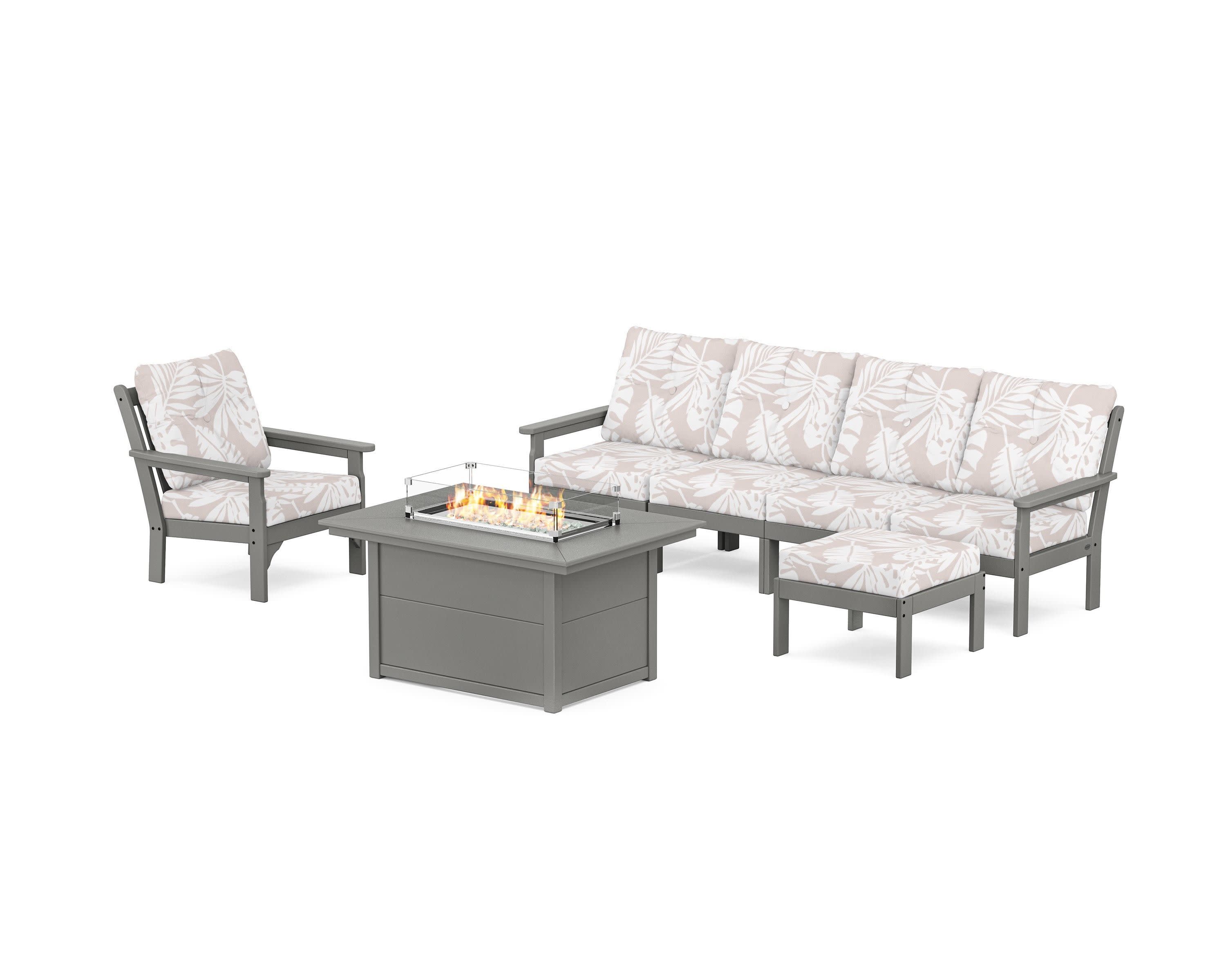 Vineyard Sectional Lounge and Fire Pit Set in Slate Grey / Leaf Dune Burlap