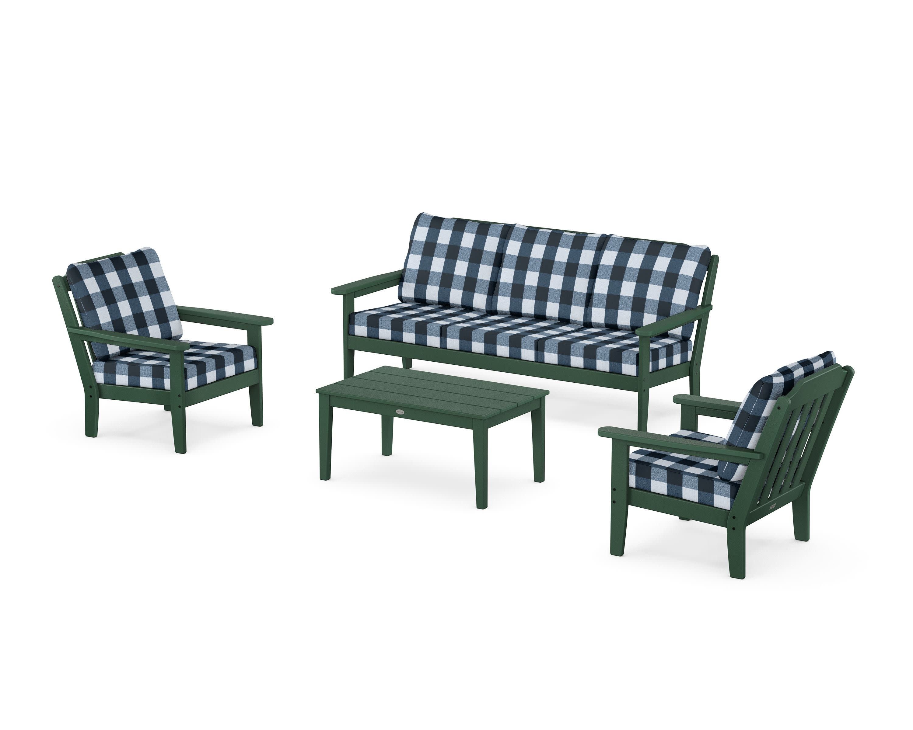 Cottage 4-Piece Deep Seating Set with Sofa in Green / Buffalo Plaid Marine Indigo
